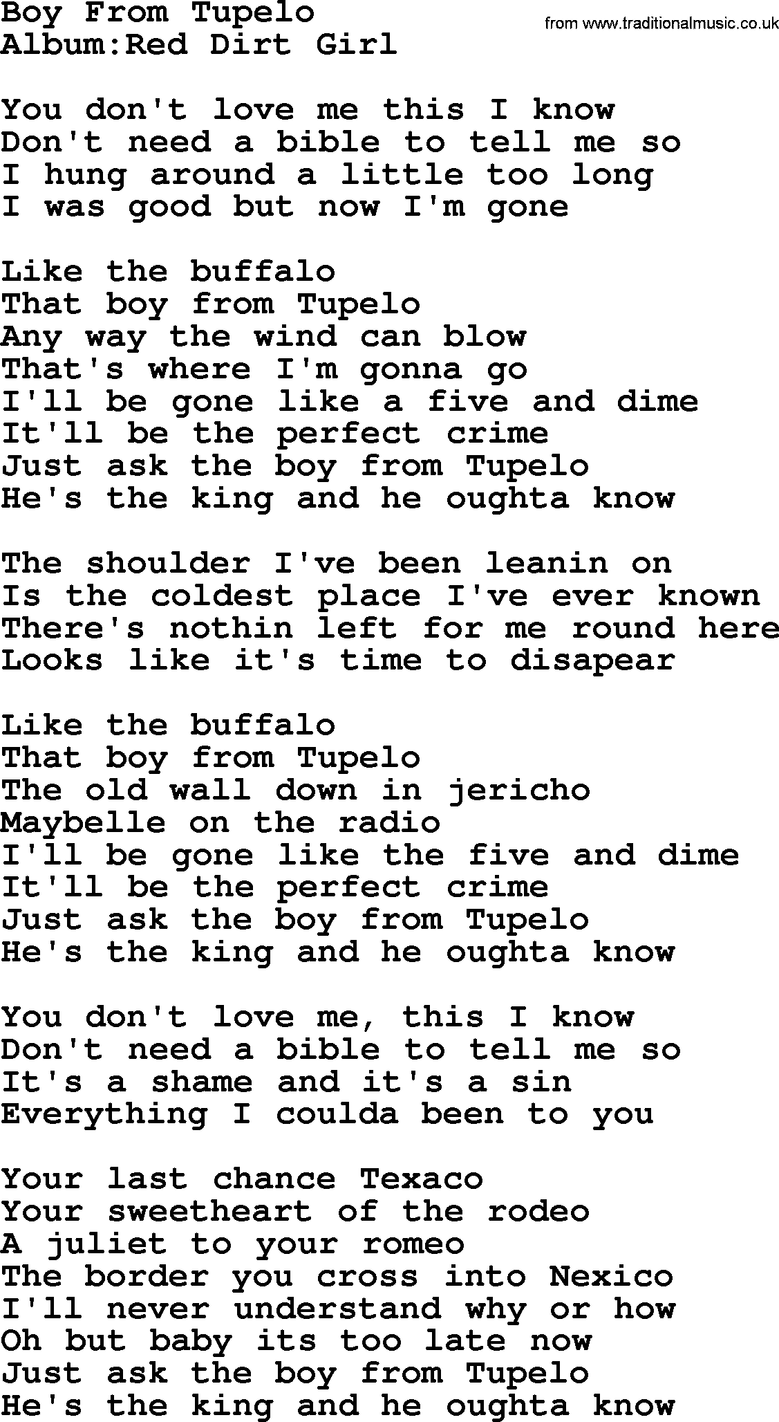 Emmylou Harris song: Boy From Tupelo lyrics