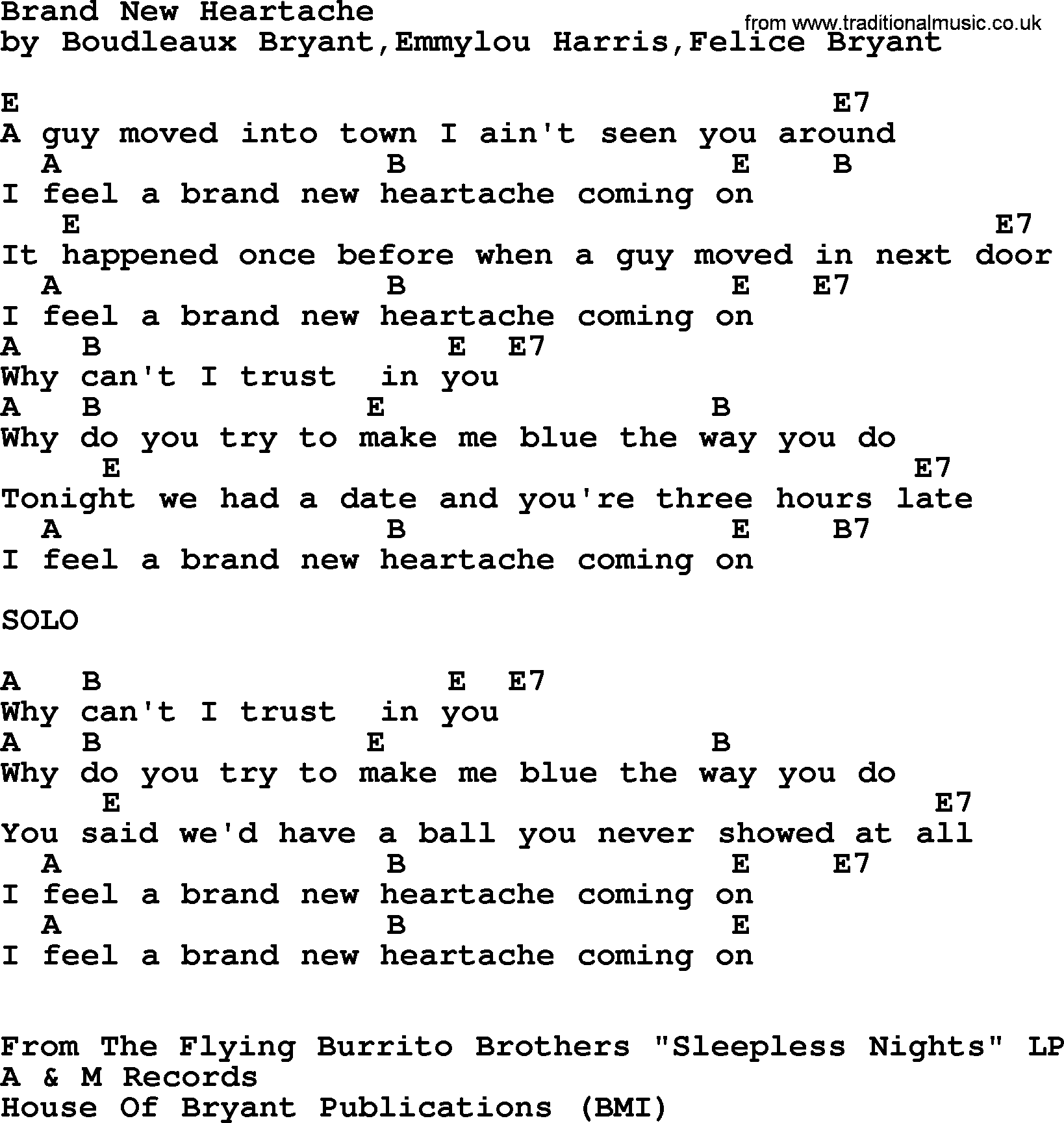 Emmylou Harris song: Brand New Heartache lyrics and chords