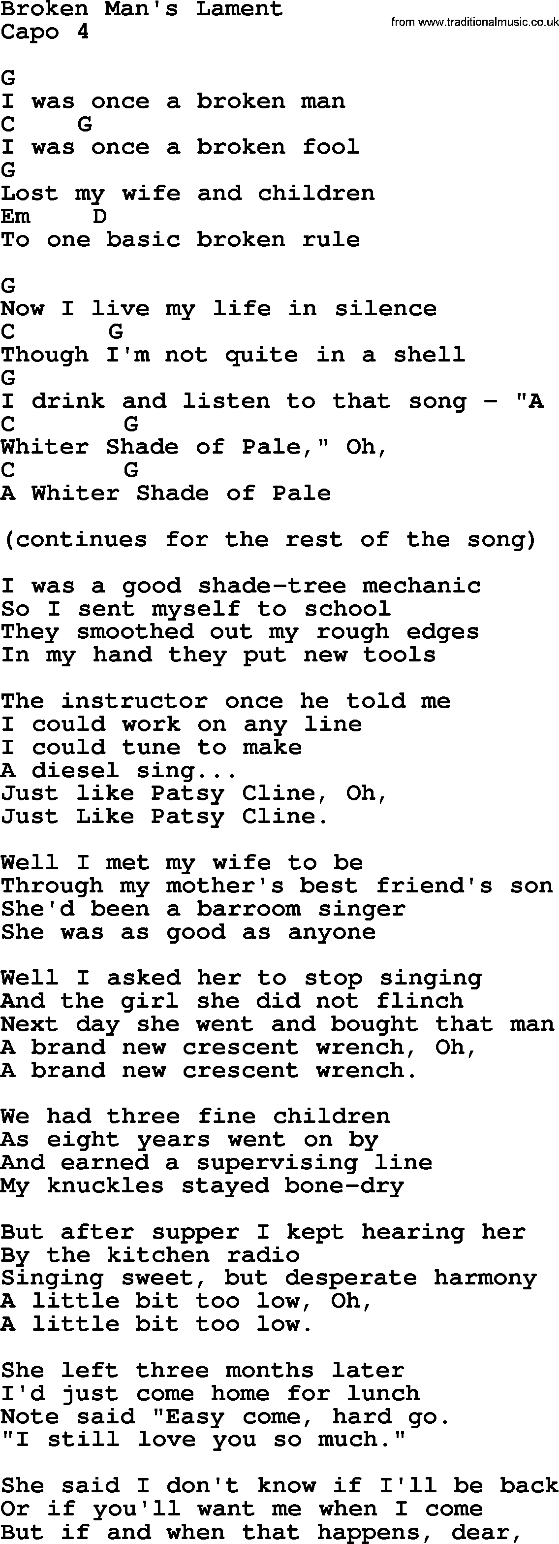 Emmylou Harris song: Broken Man's Lament lyrics and chords