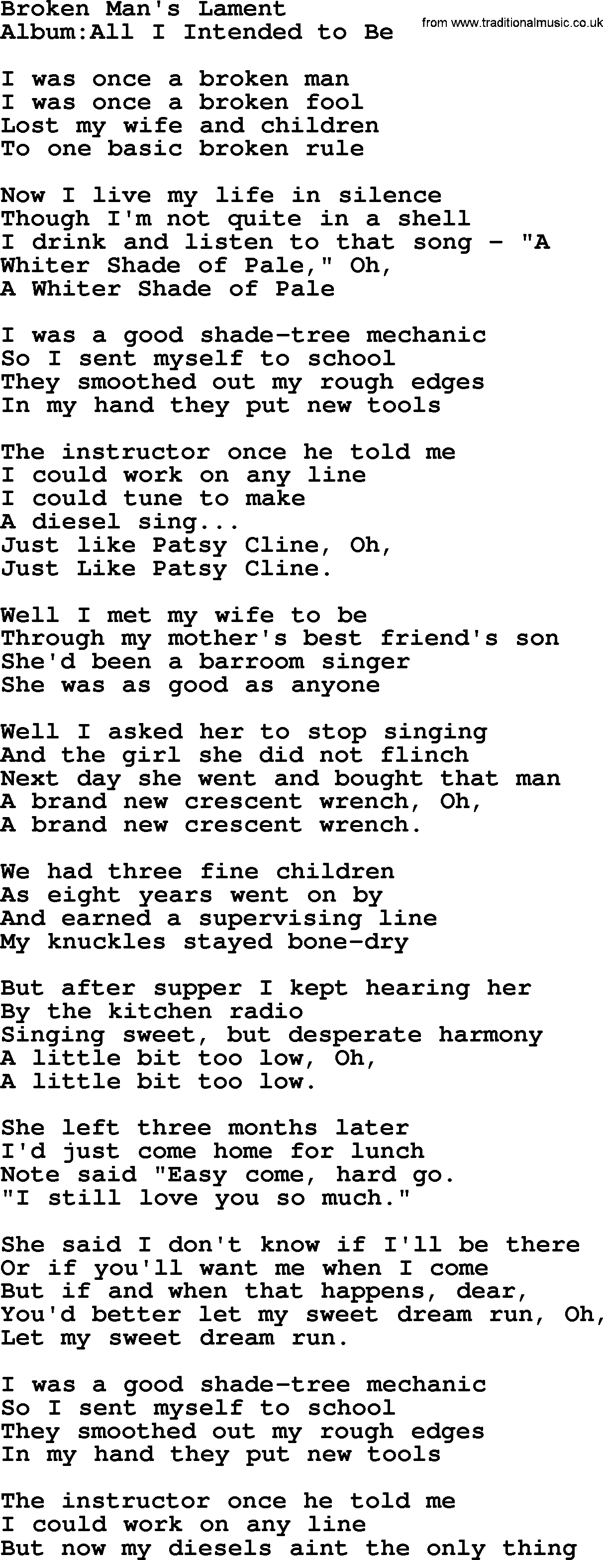 Emmylou Harris song: Broken Man's Lament lyrics