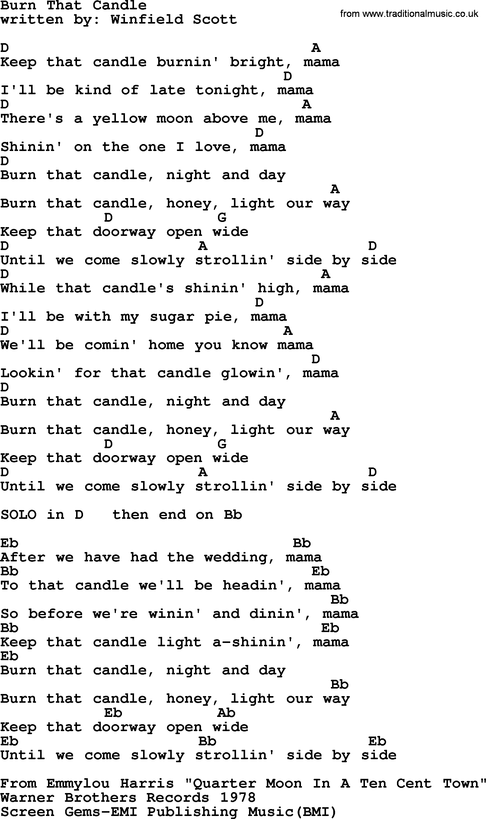 Emmylou Harris song: Burn That Candle lyrics and chords