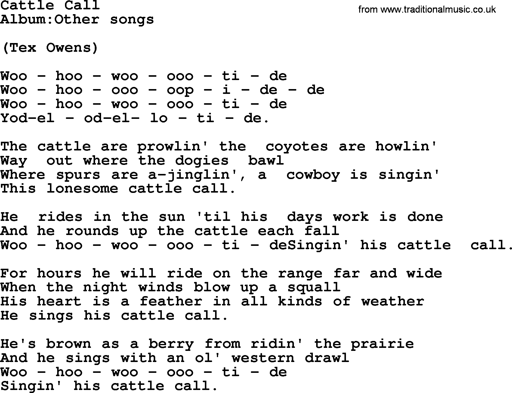Emmylou Harris song: Cattle Call lyrics