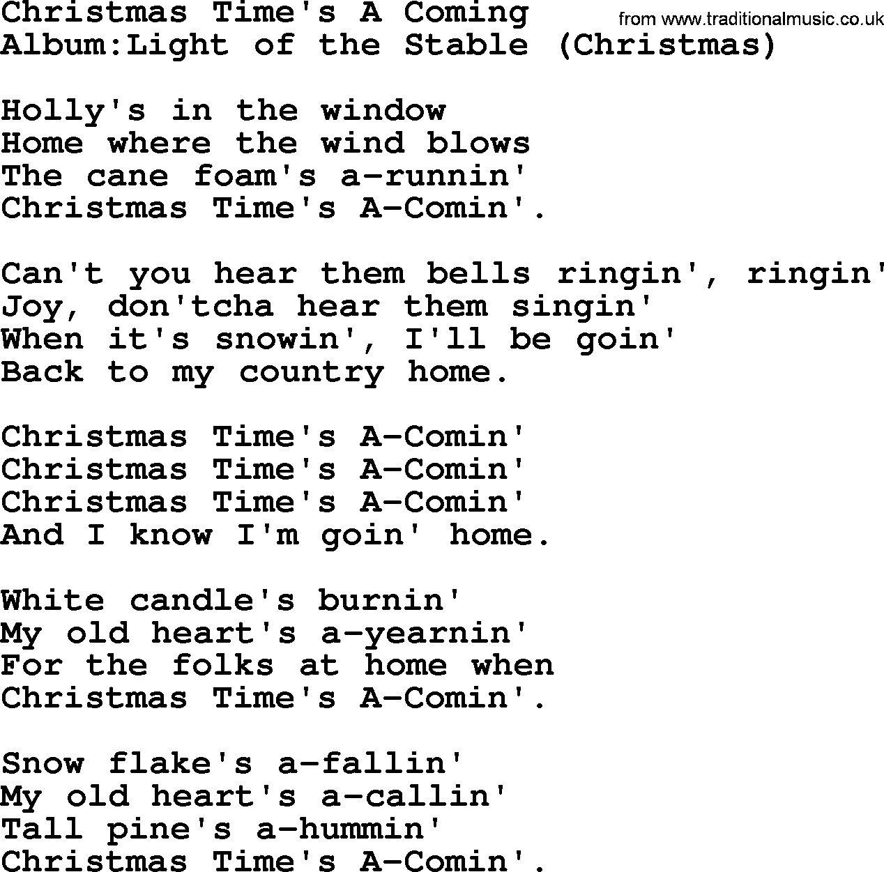 Emmylou Harris song: Christmas Time's A Coming lyrics