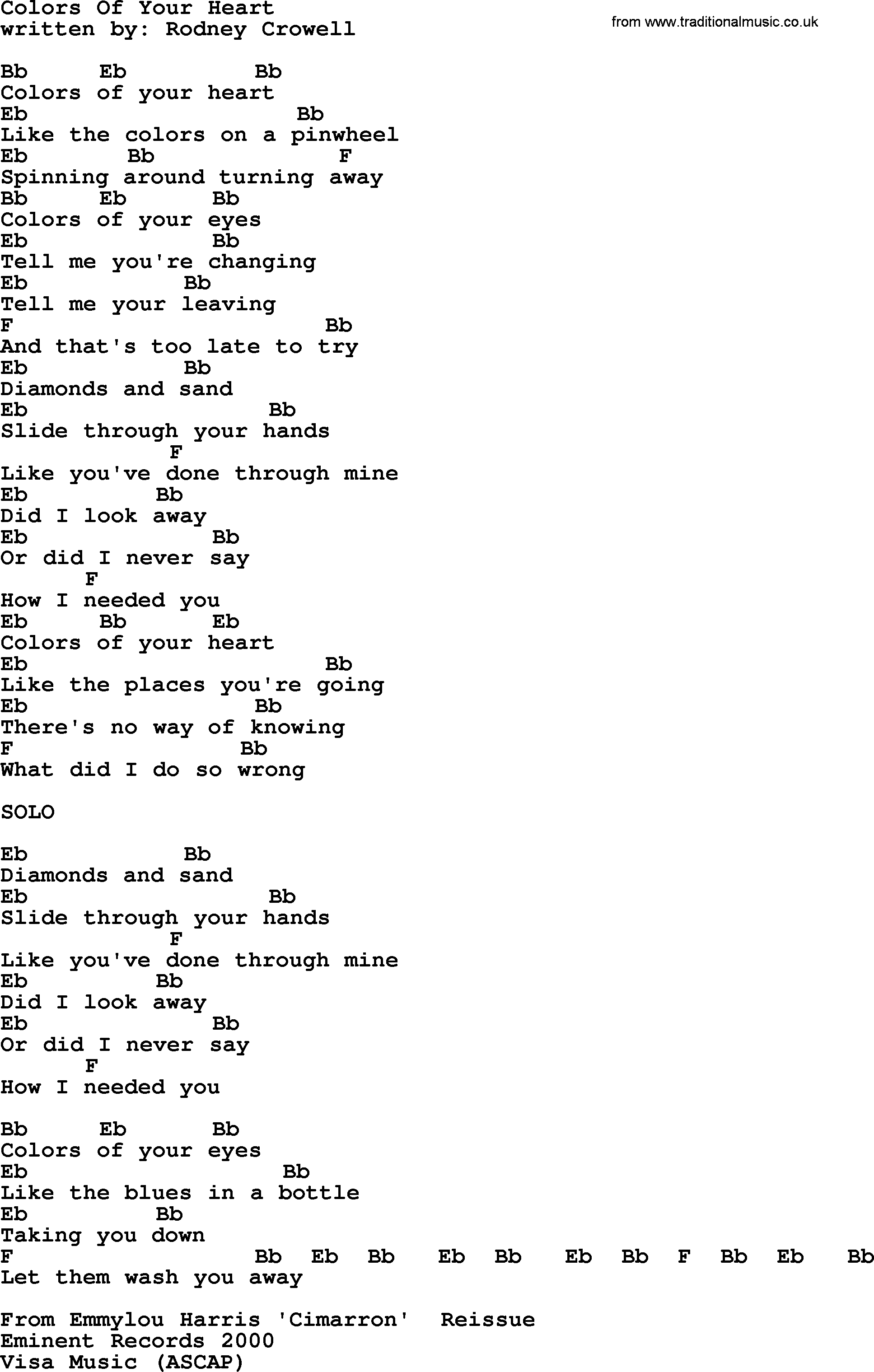 Emmylou Harris song: Colors Of Your Heart lyrics and chords