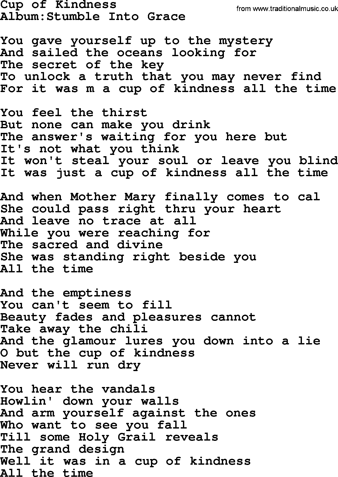 Emmylou Harris song: Cup of Kindness lyrics