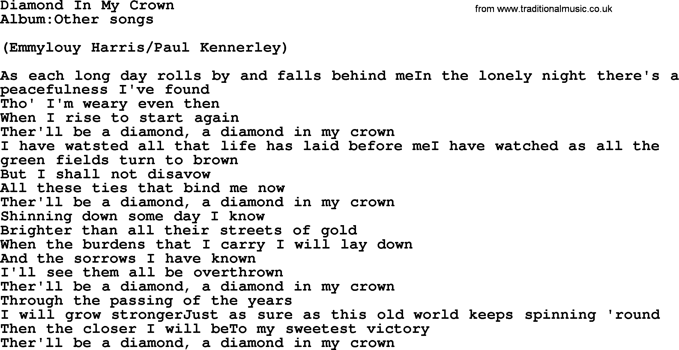 Emmylou Harris song: Diamond In My Crown lyrics