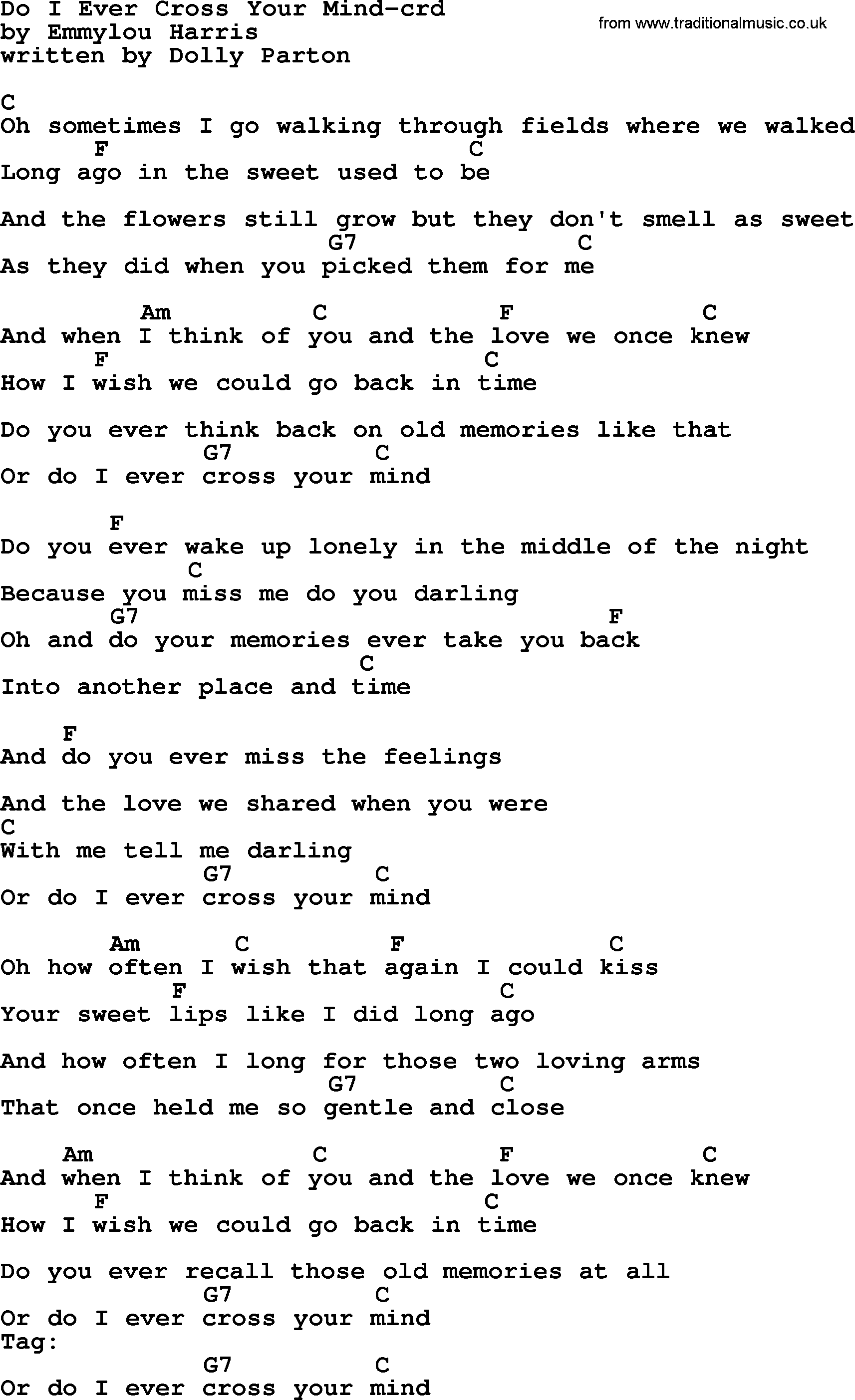 Emmylou Harris song: Do I Ever Cross Your Mind lyrics and chords