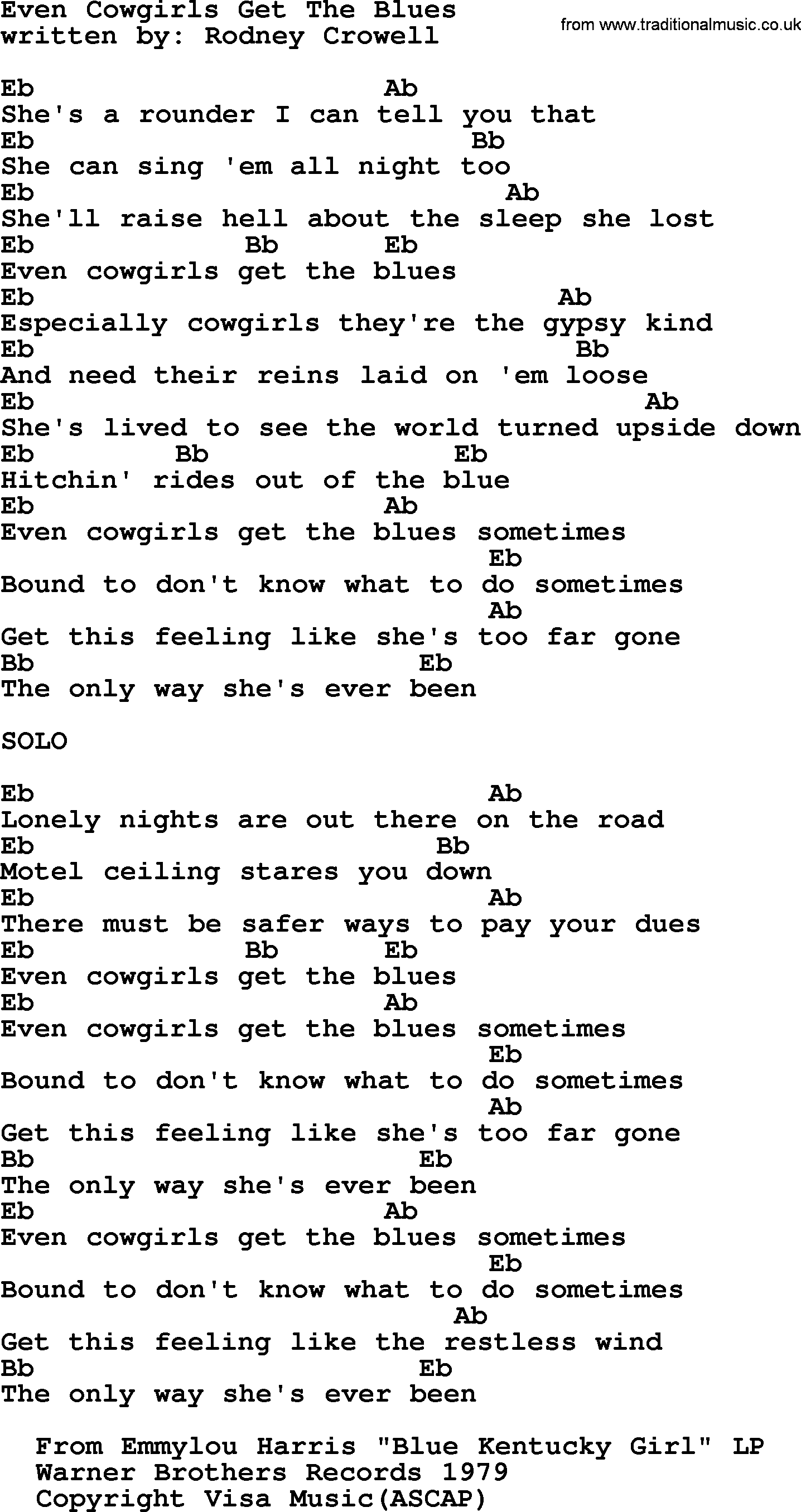Emmylou Harris song: Even Cowgirls Get The Blues lyrics and chords