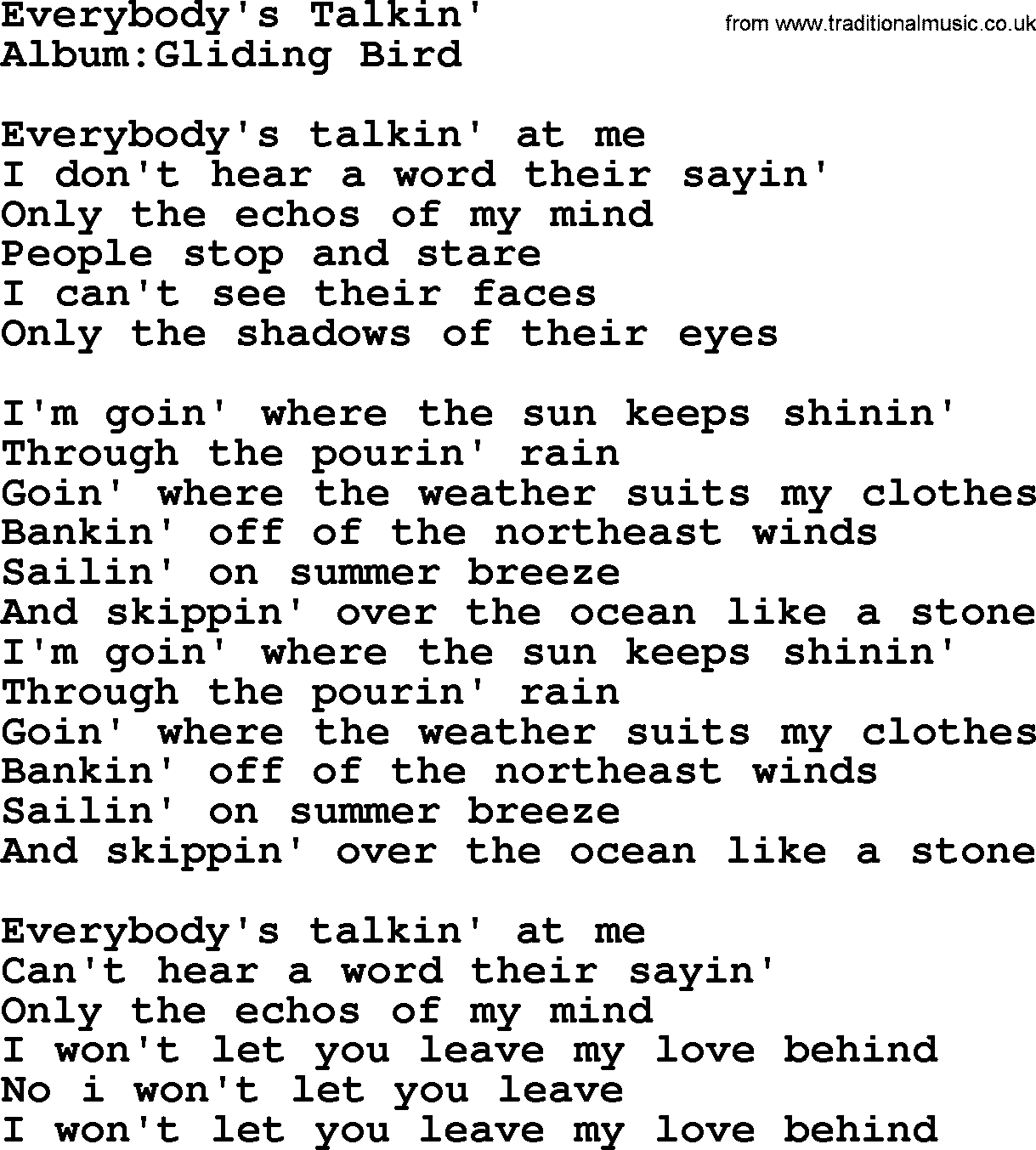 Emmylou Harris song: Everybody's Talkin' lyrics