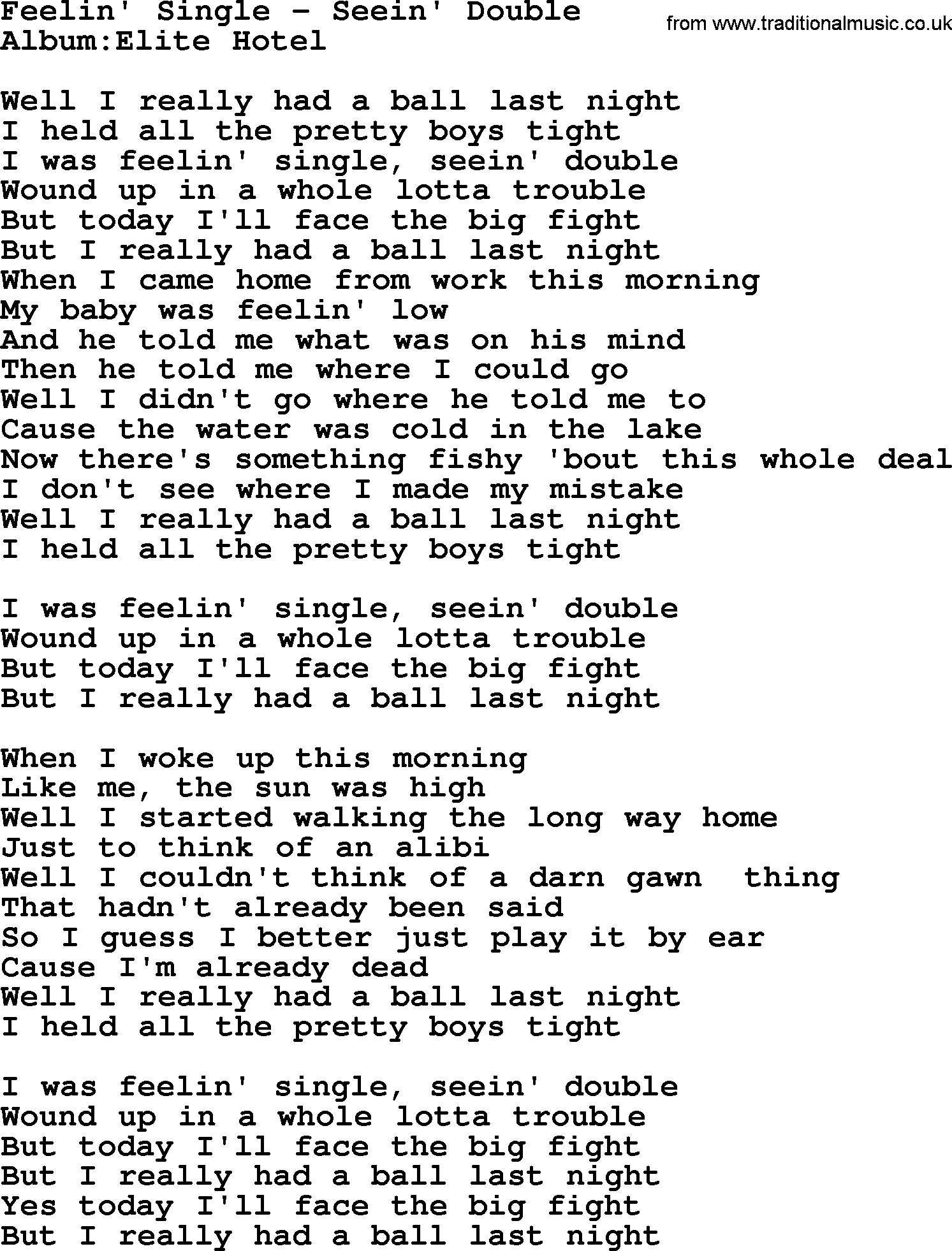 Emmylou Harris song: Feelin' Single - Seein' Double lyrics