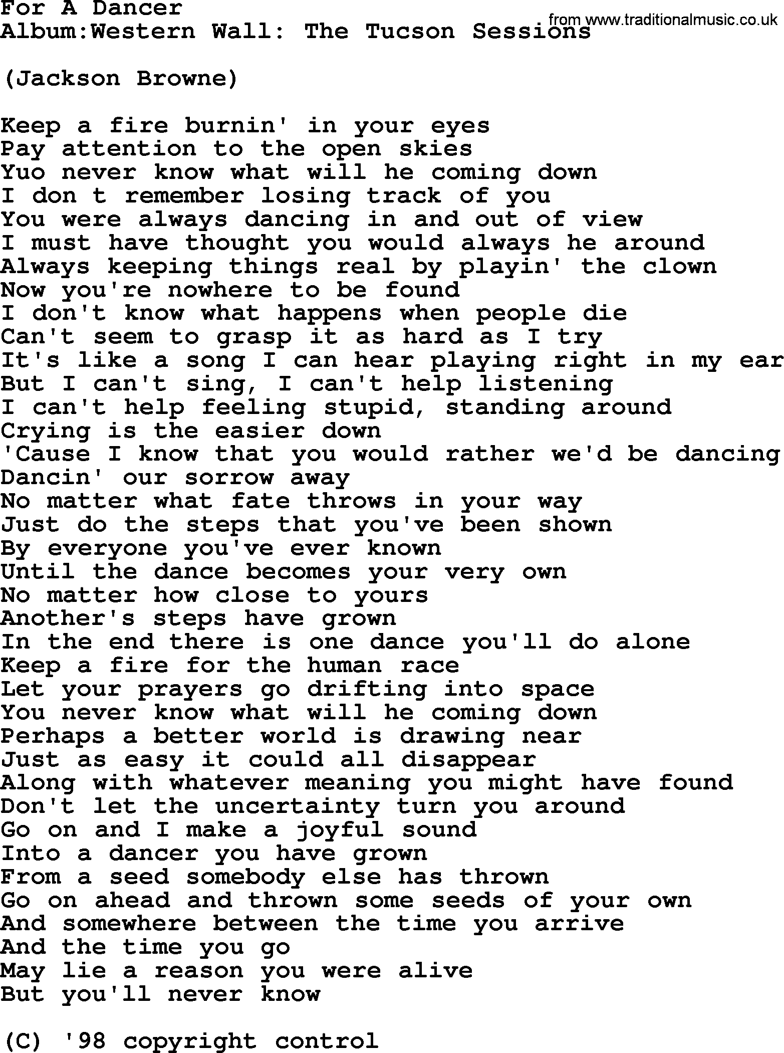 Emmylou Harris song: For A Dancer lyrics