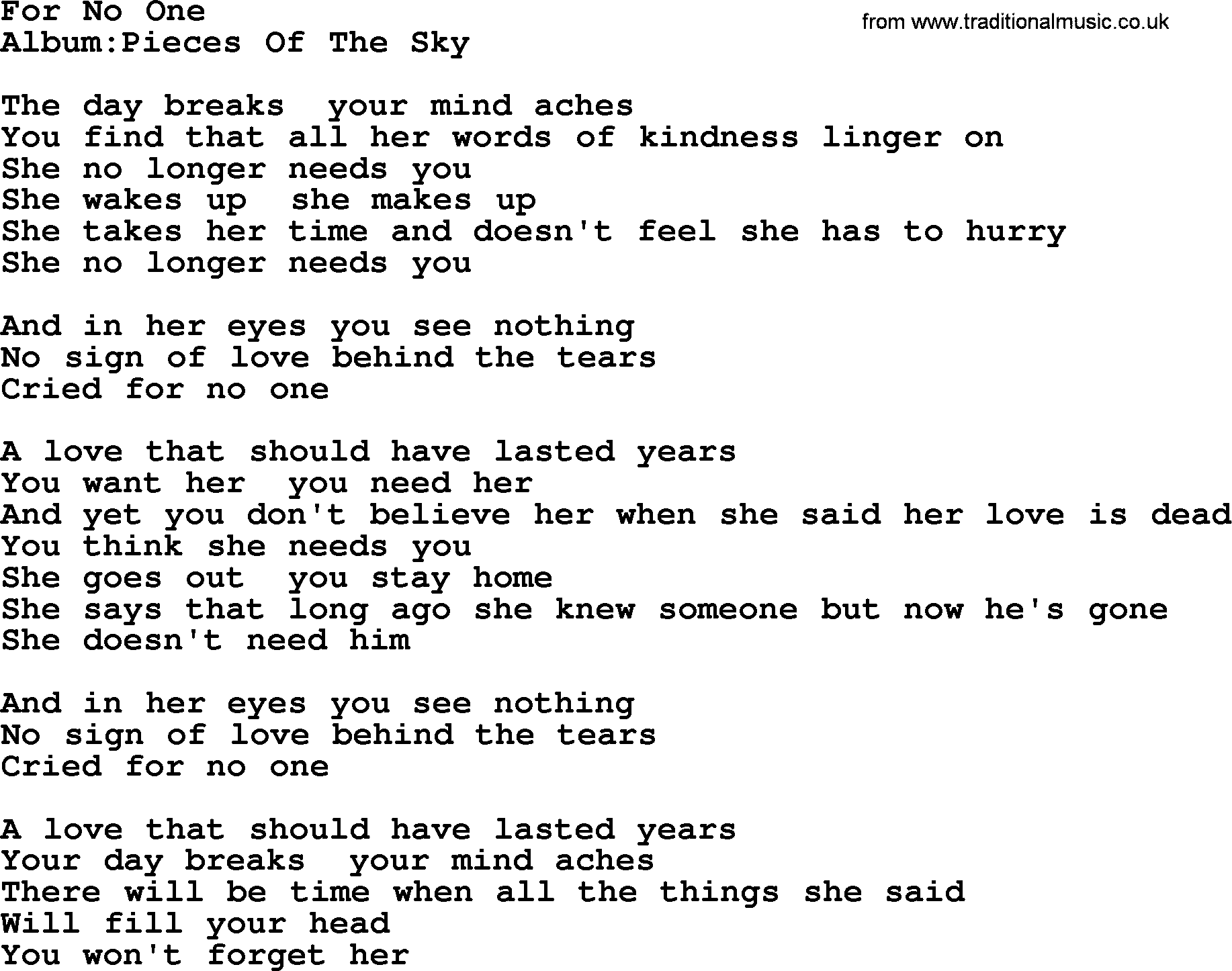 Emmylou Harris song: For No One lyrics