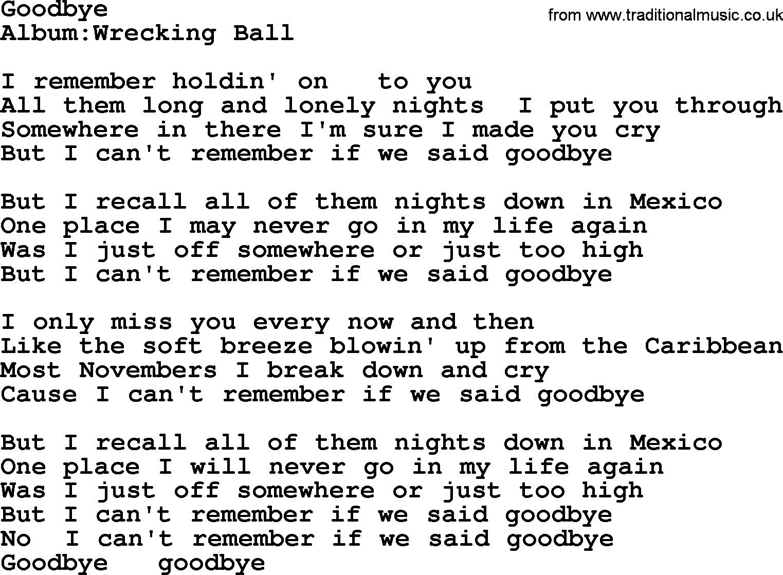Emmylou Harris song: Goodbye lyrics