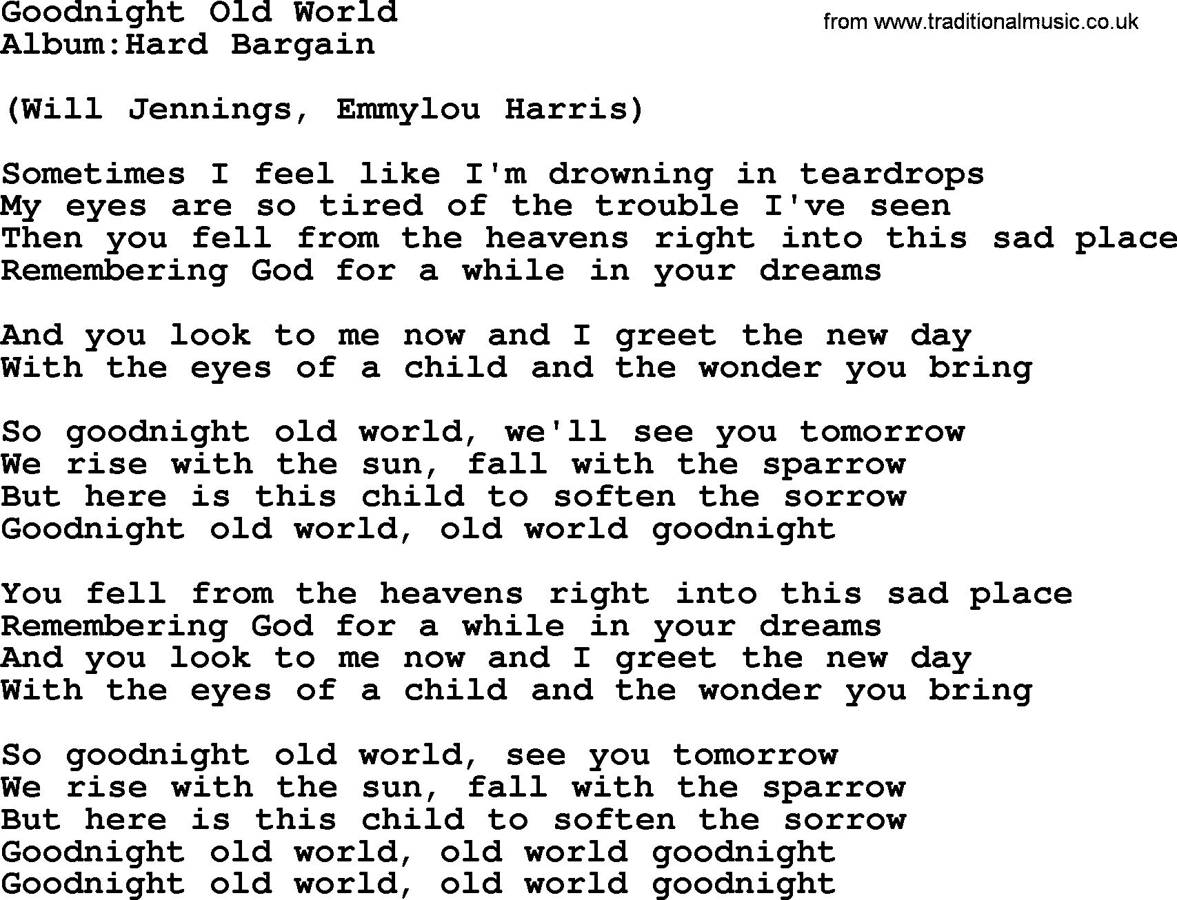 Emmylou Harris song: Goodnight Old World lyrics