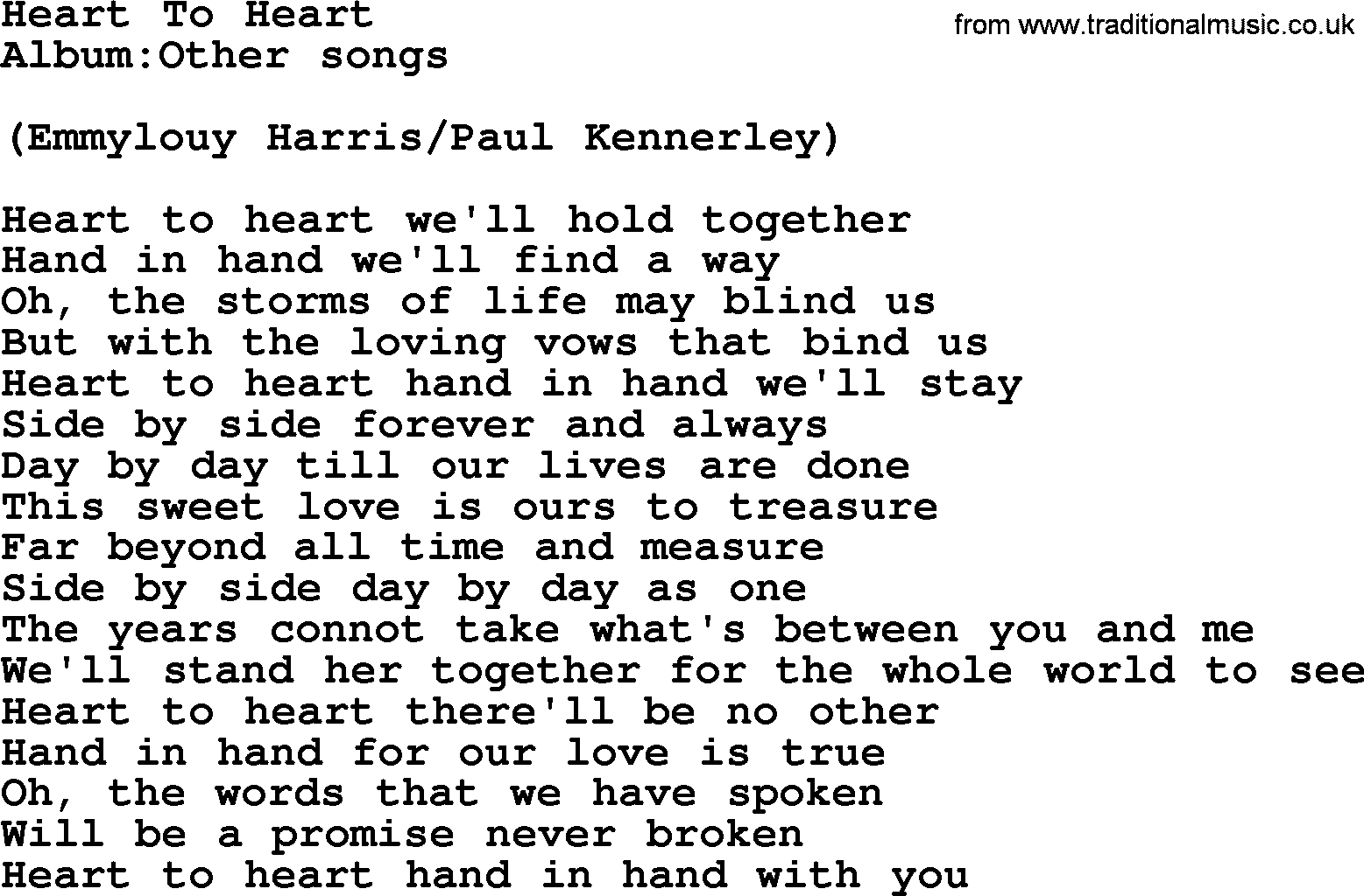 Emmylou Harris song: Heart To Heart lyrics