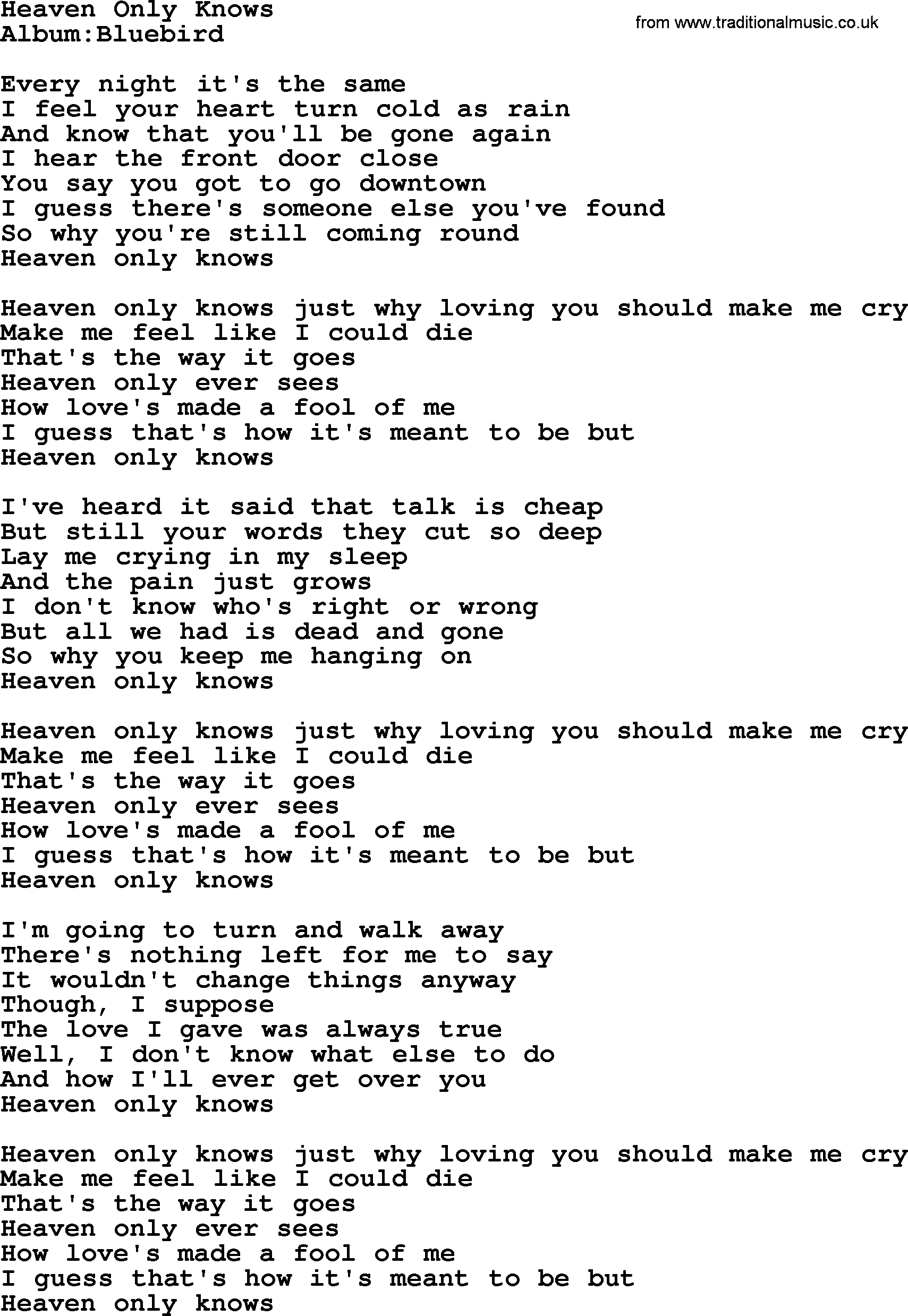 Emmylou Harris song: Heaven Only Knows lyrics