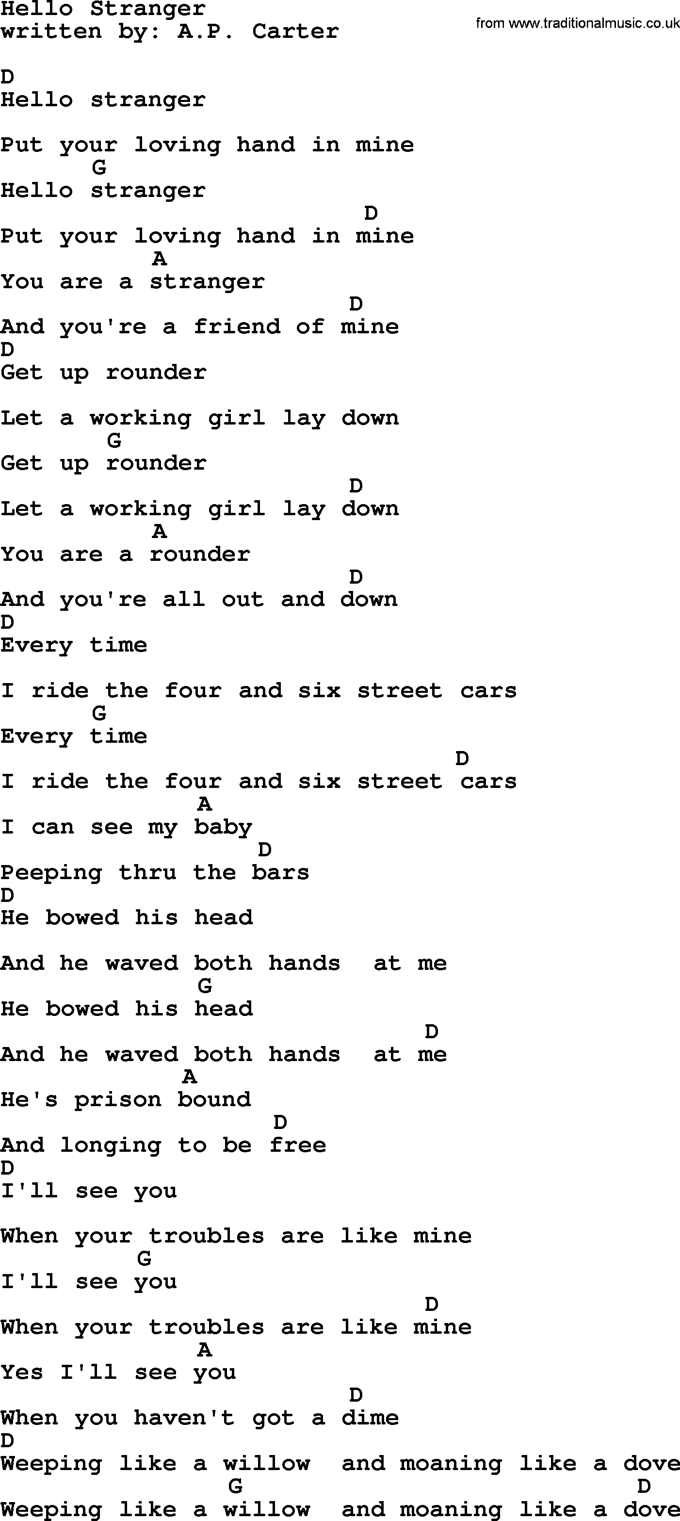 Emmylou Harris song: Hello Stranger lyrics and chords