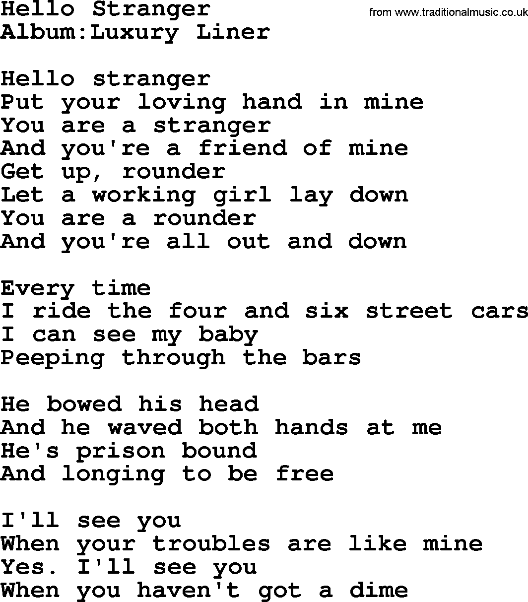 Emmylou Harris song: Hello Stranger lyrics