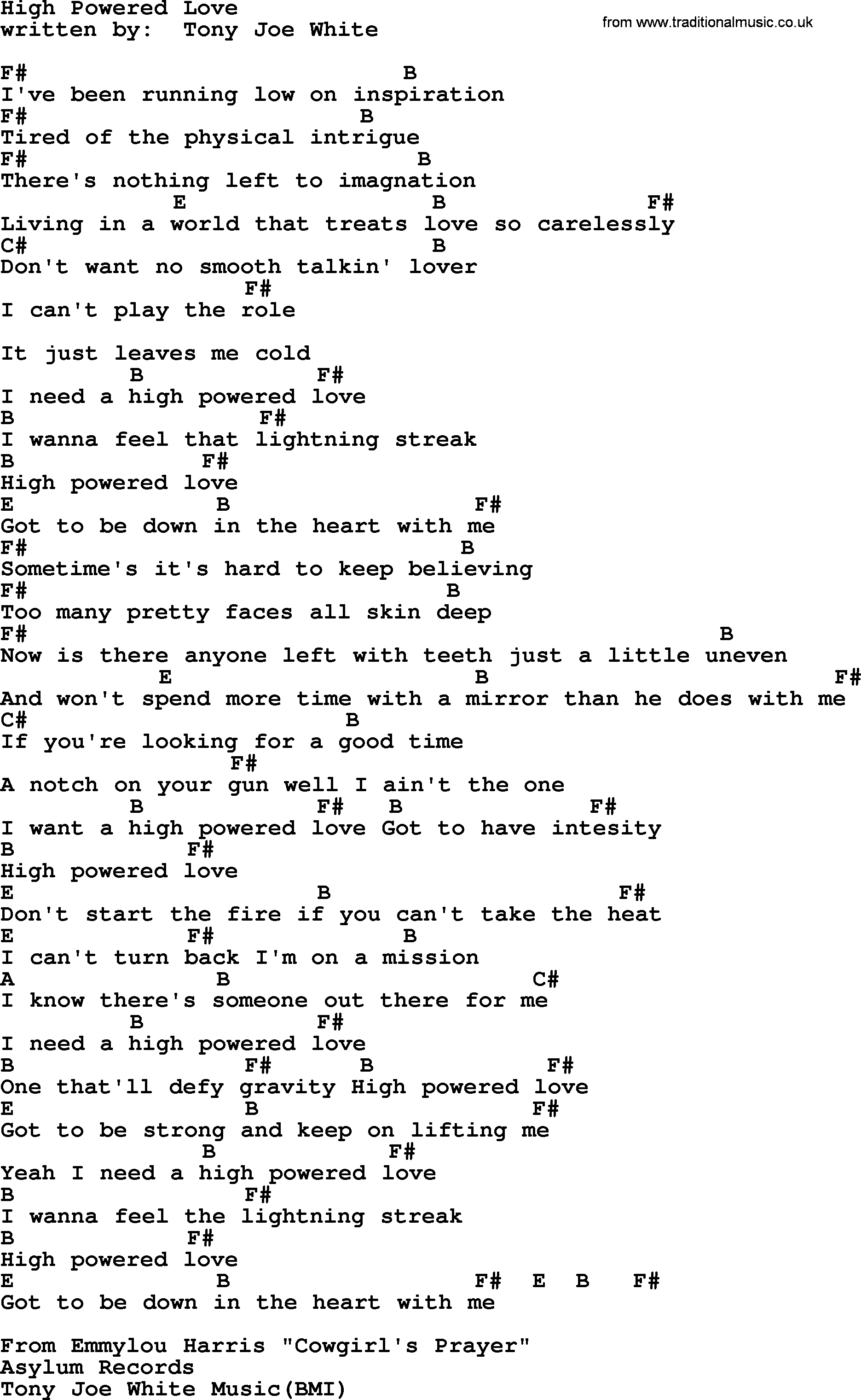 Emmylou Harris song: High Powered Love lyrics and chords