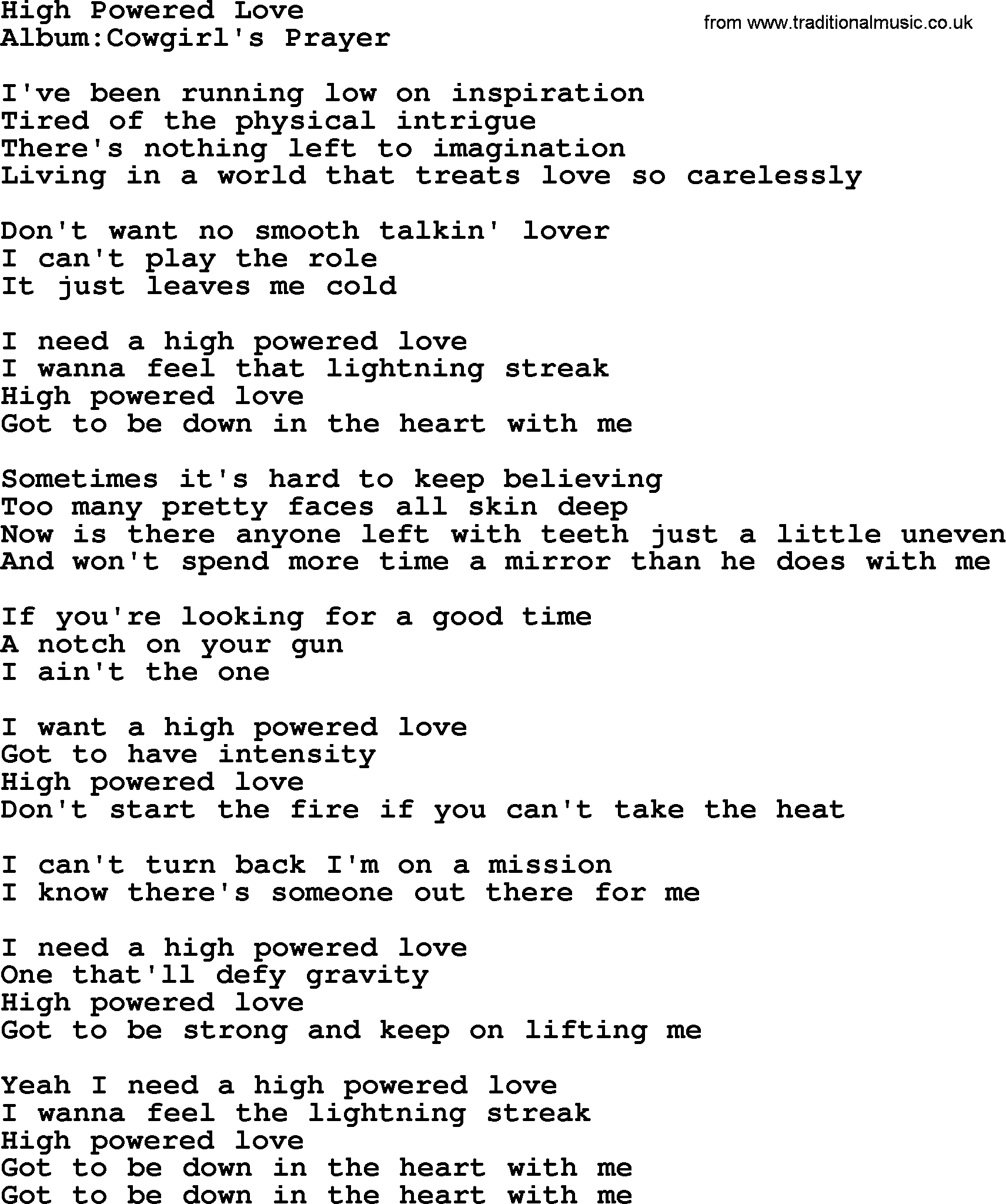 Emmylou Harris song: High Powered Love lyrics