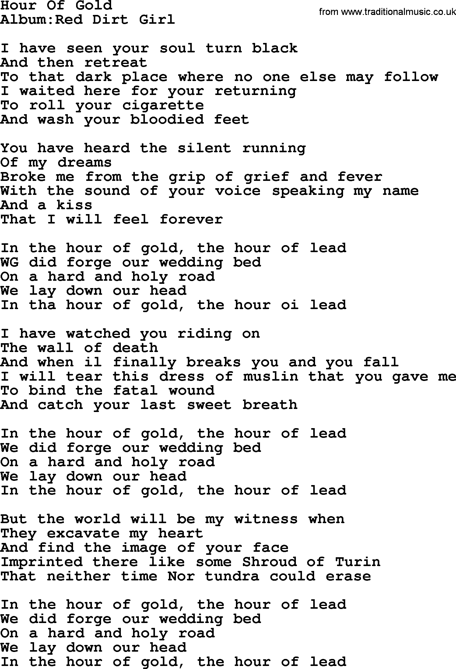 Emmylou Harris song: Hour Of Gold lyrics