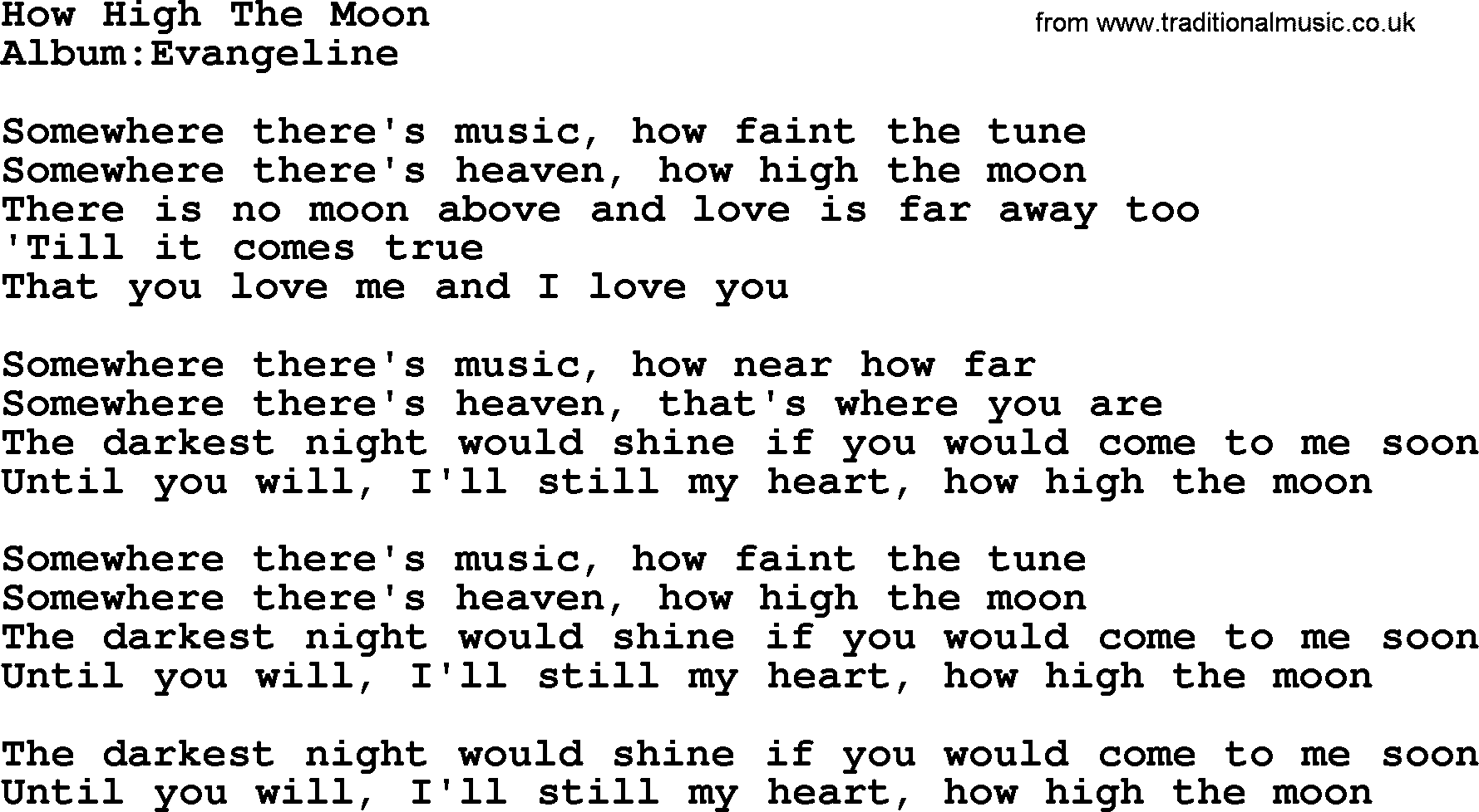 Emmylou Harris song: How High The Moon lyrics