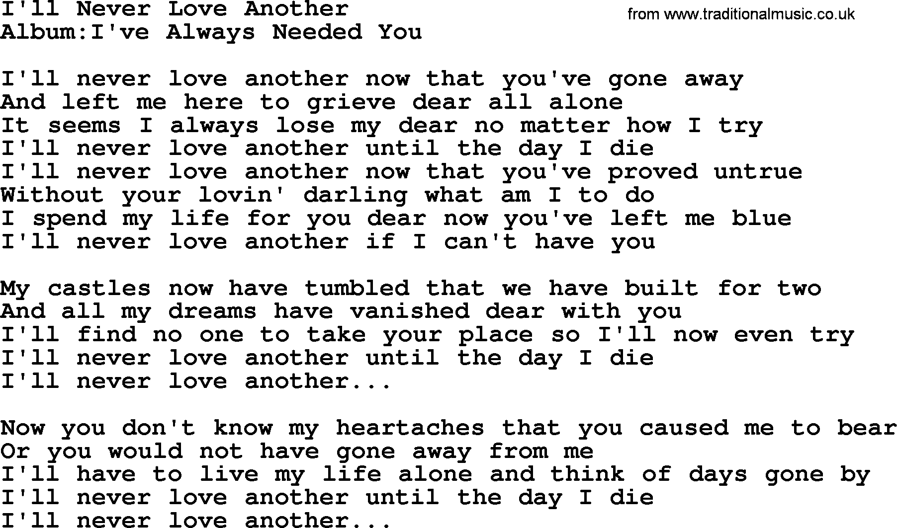 Emmylou Harris song: I'll Never Love Another lyrics