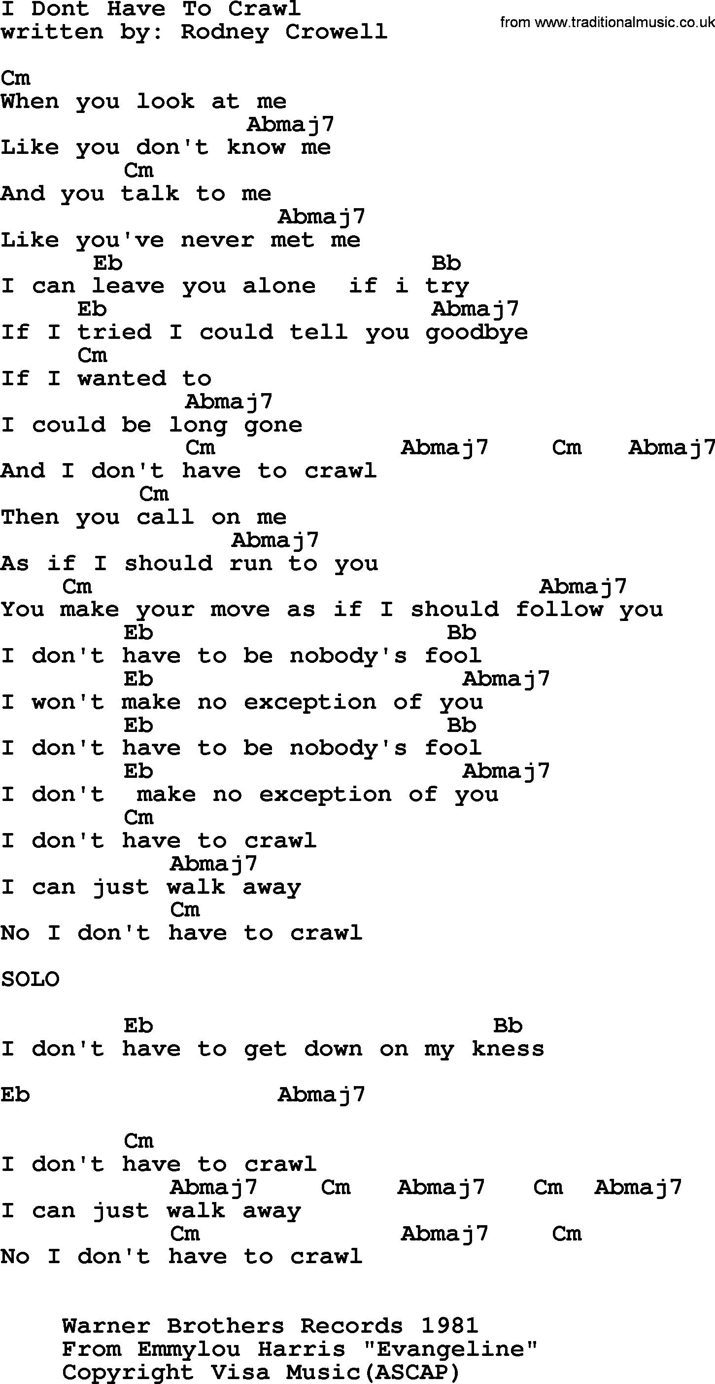 Emmylou Harris song: I Dont Have To Crawl lyrics and chords