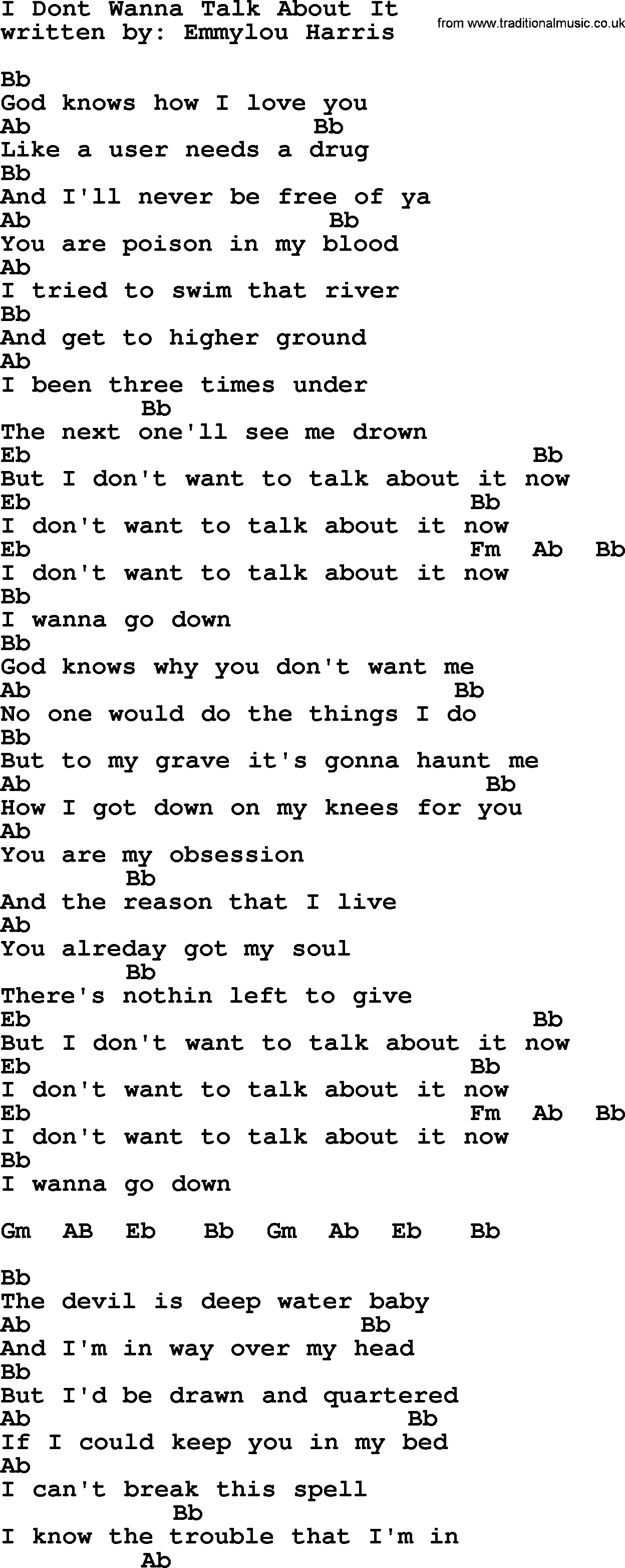 Emmylou Harris song: I Dont Wanna Talk About It lyrics and chords