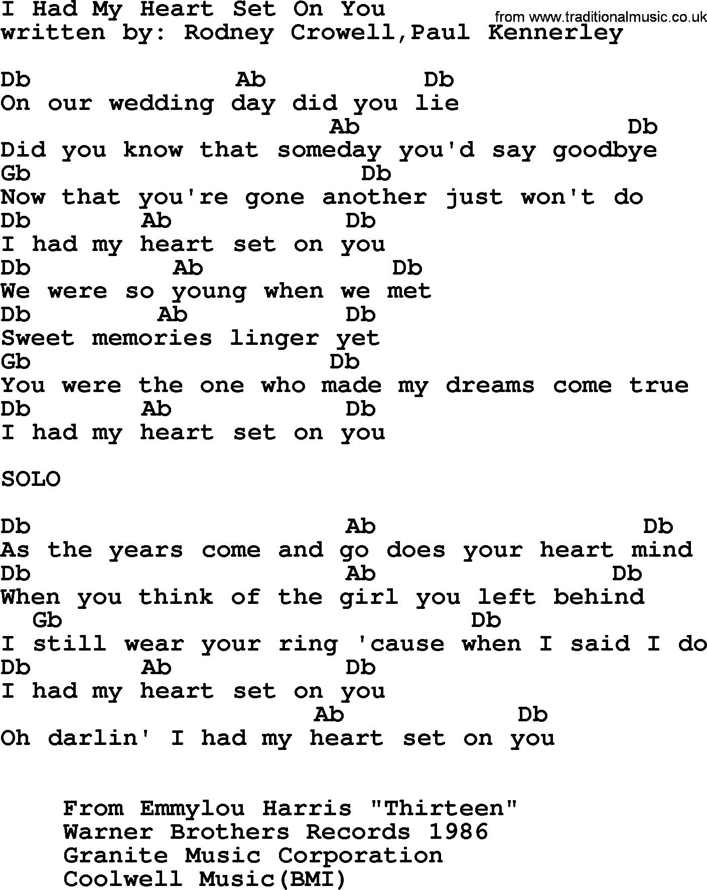 Emmylou Harris song: I Had My Heart Set On You lyrics and chords