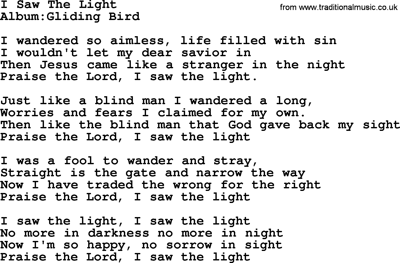 Emmylou Harris song: I Saw The Light lyrics