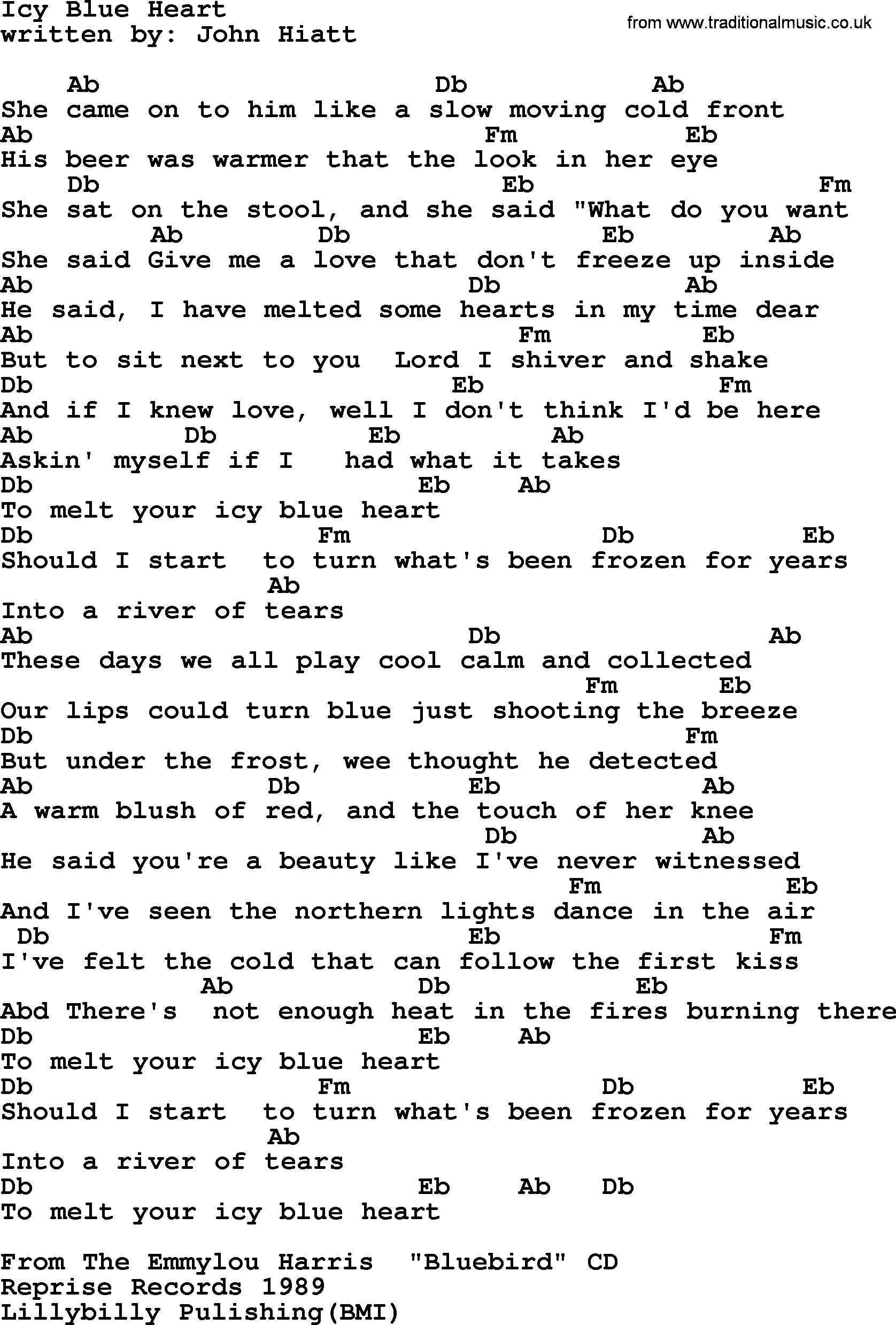 Emmylou Harris song: Icy Blue Heart lyrics and chords