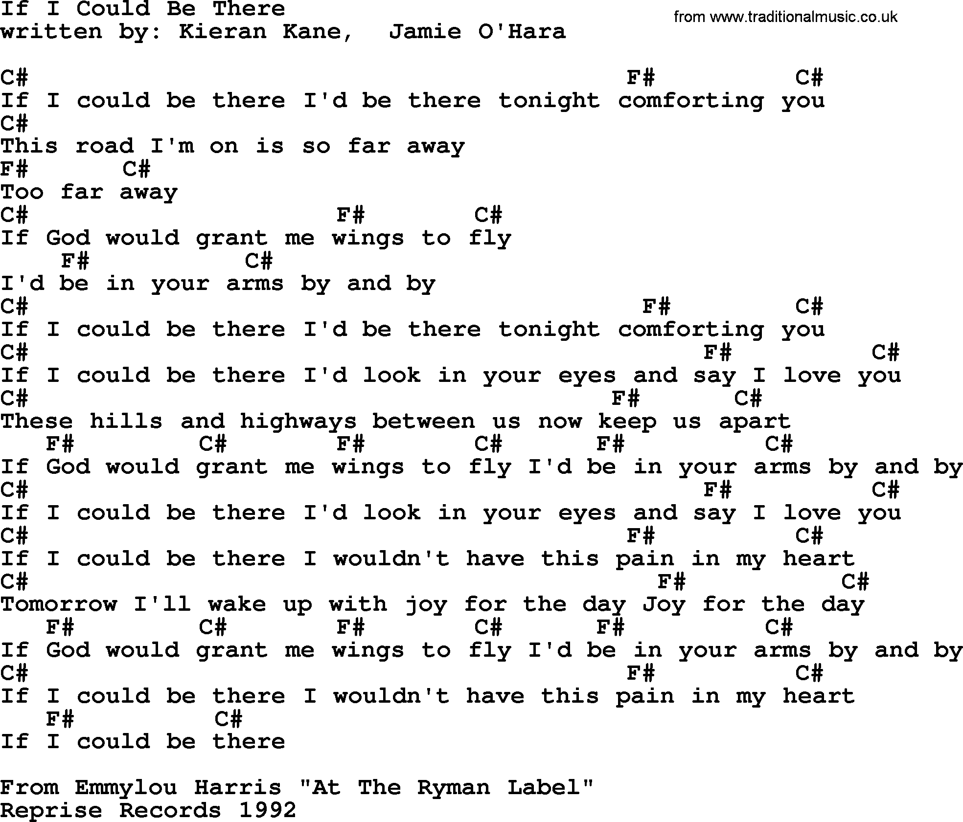 Emmylou Harris song: If I Could Be There lyrics and chords