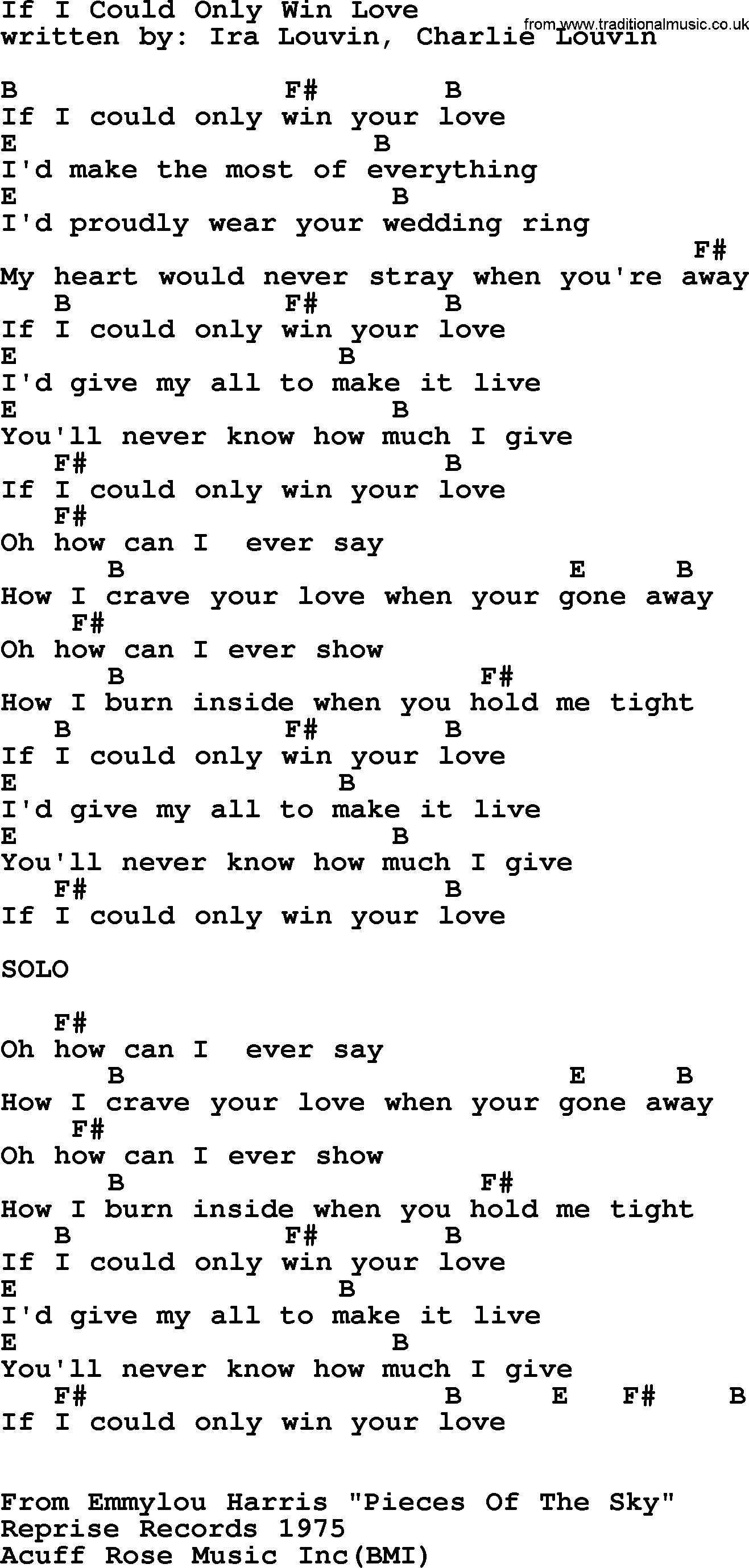 Emmylou Harris song: If I Could Only Win Love lyrics and chords