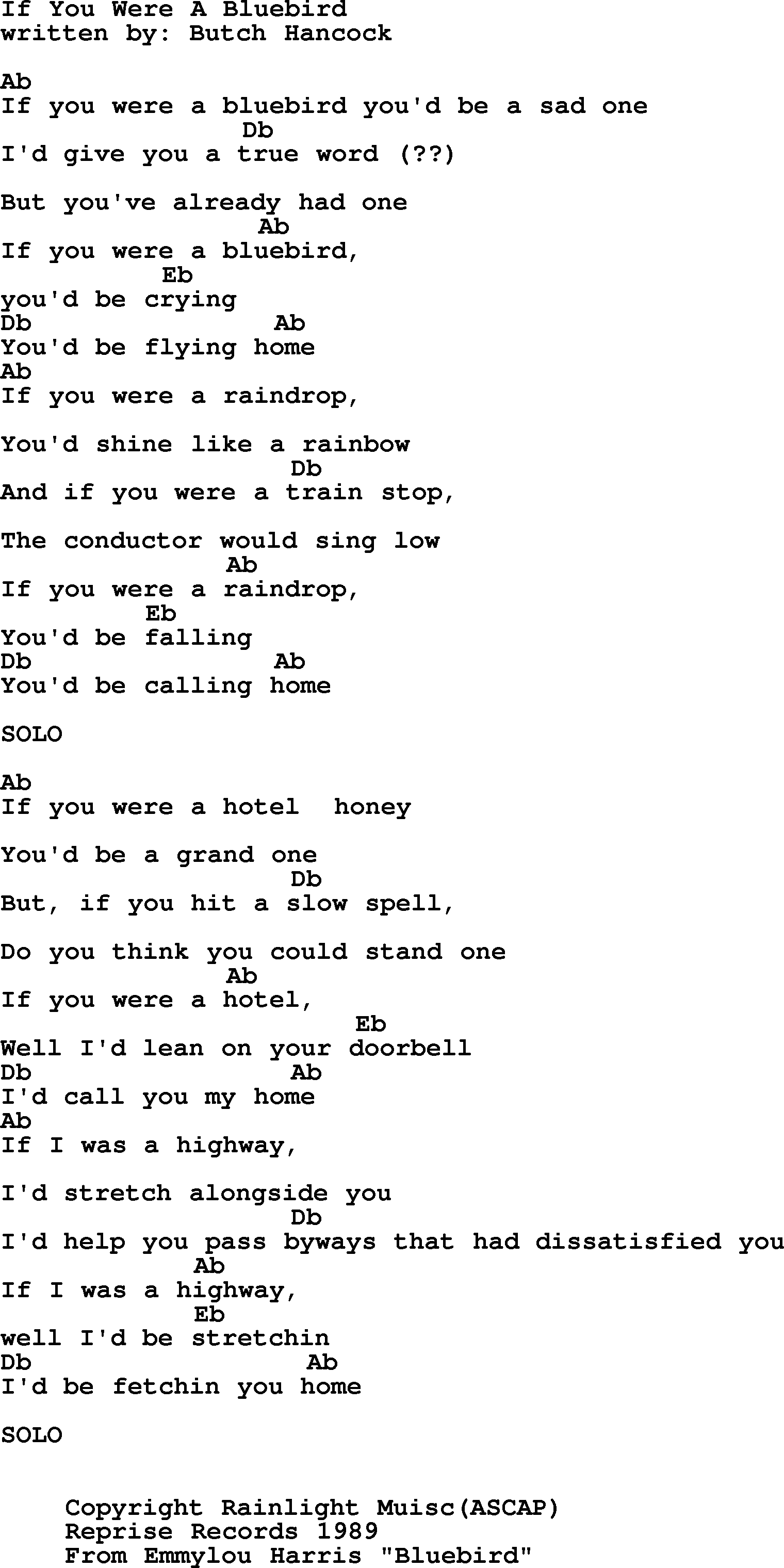 Emmylou Harris song: If You Were A Bluebird lyrics and chords