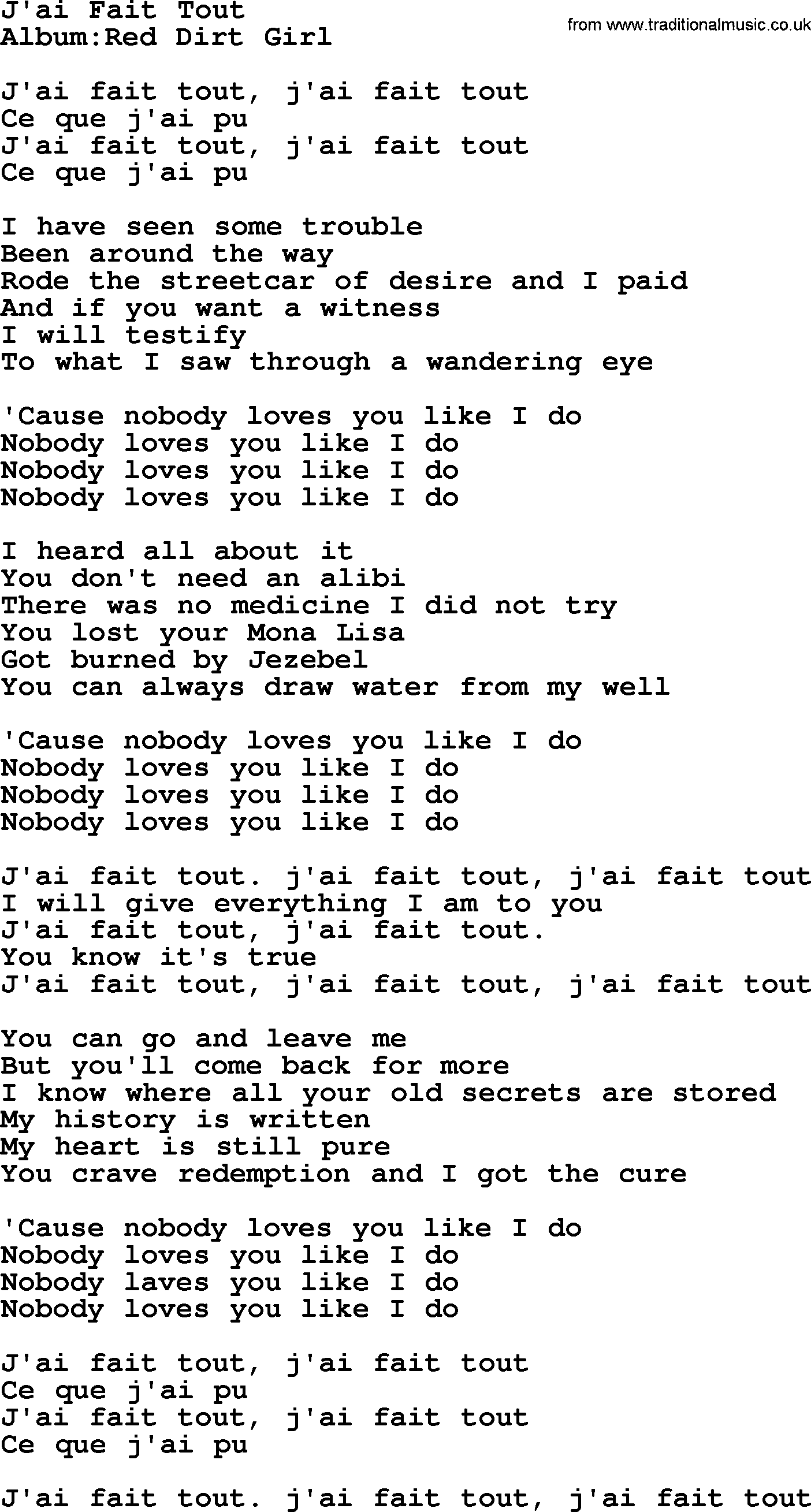 Emmylou Harris song: J'ai Fait Tout lyrics