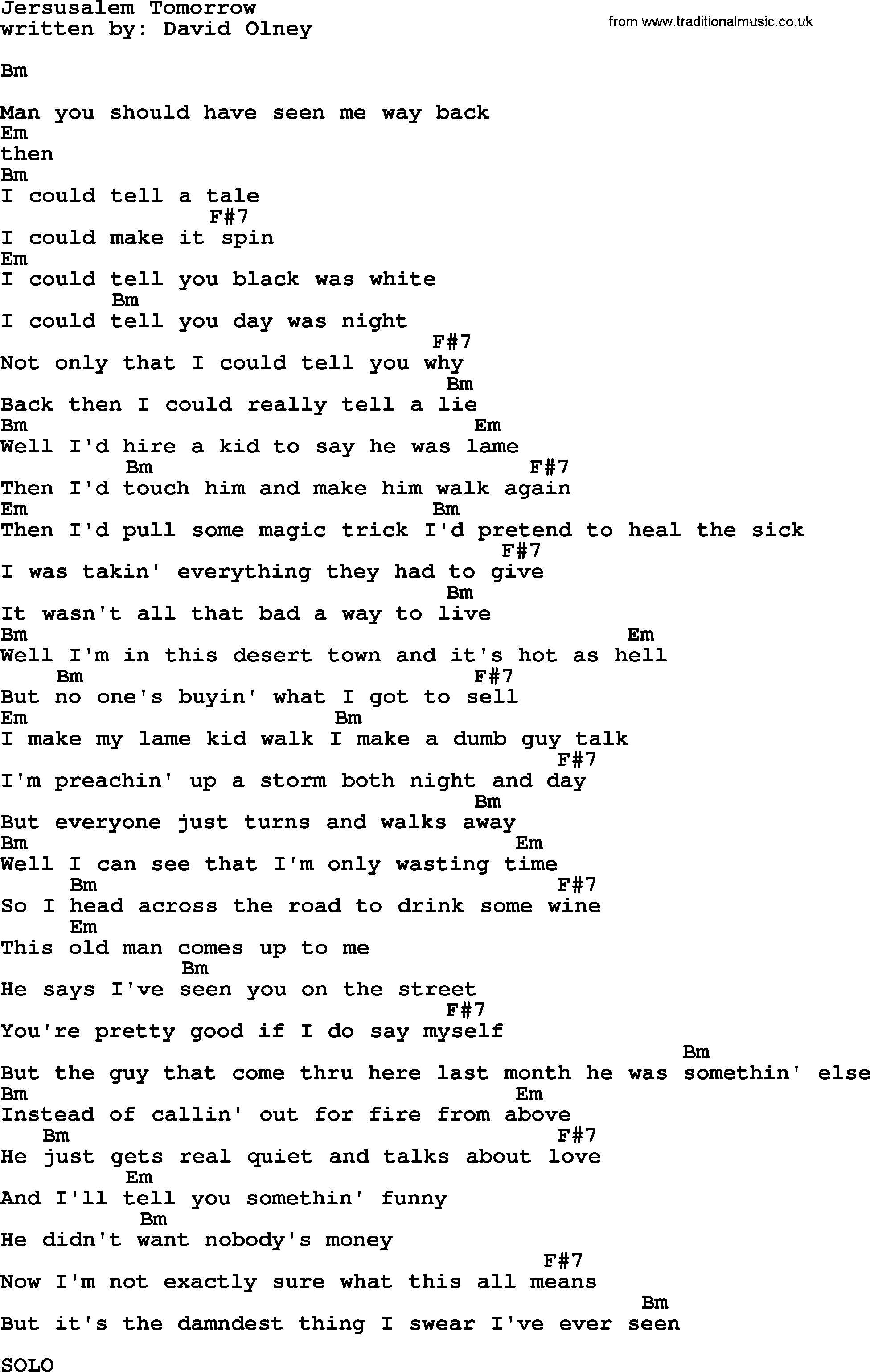 Emmylou Harris song: Jersusalem Tomorrow lyrics and chords