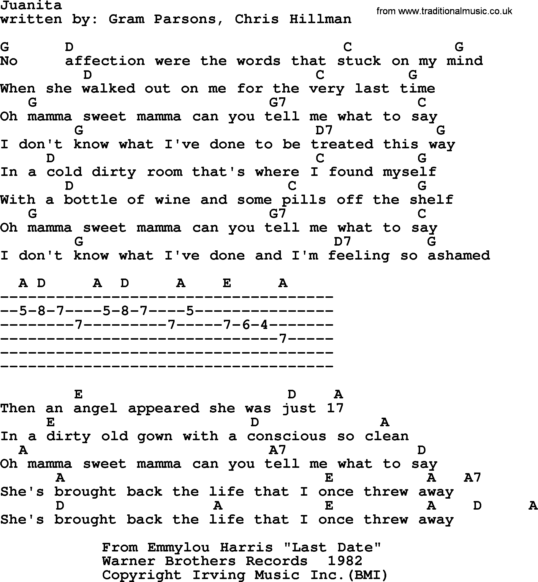 Emmylou Harris song: Juanita lyrics and chords