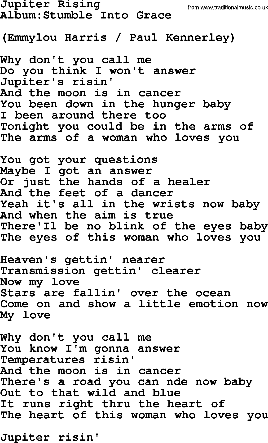 Emmylou Harris song: Jupiter Rising lyrics