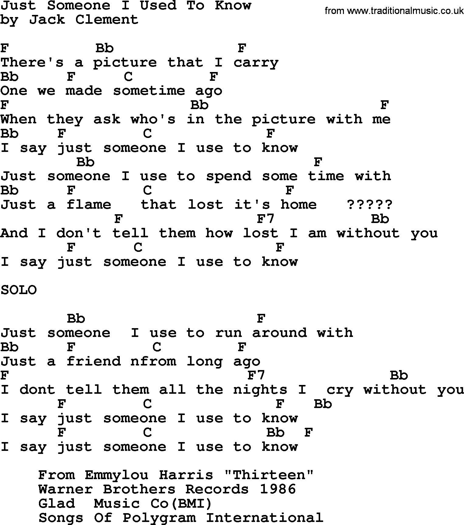 Emmylou Harris song: Just Someone I Used To Know lyrics and chords