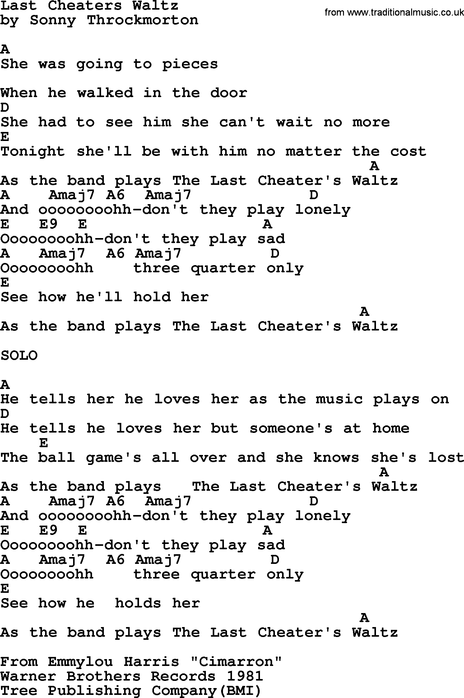 Emmylou Harris song: Last Cheaters Waltz lyrics and chords