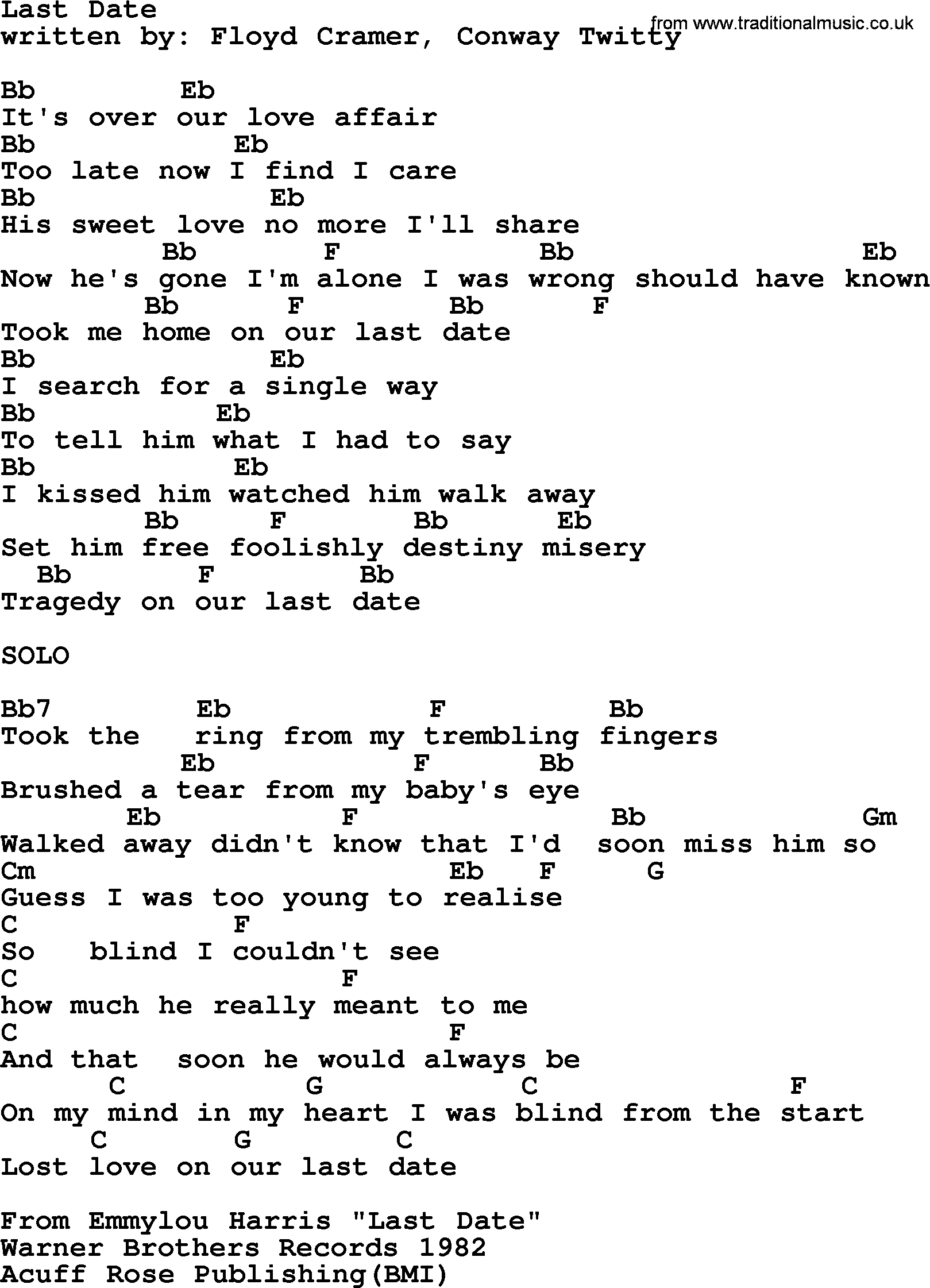 Emmylou Harris song: Last Date lyrics and chords
