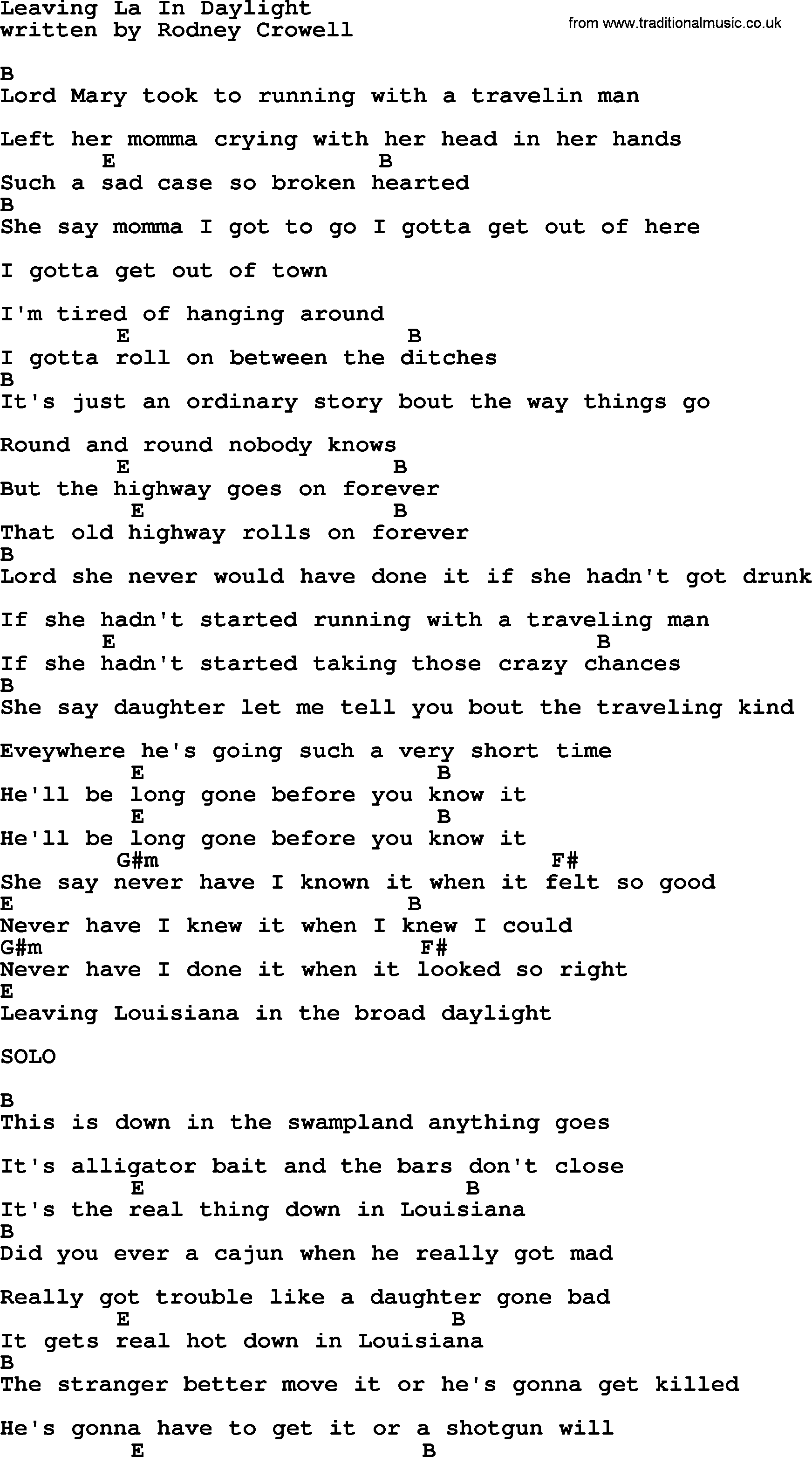 Emmylou Harris song: Leaving La In Daylight lyrics and chords