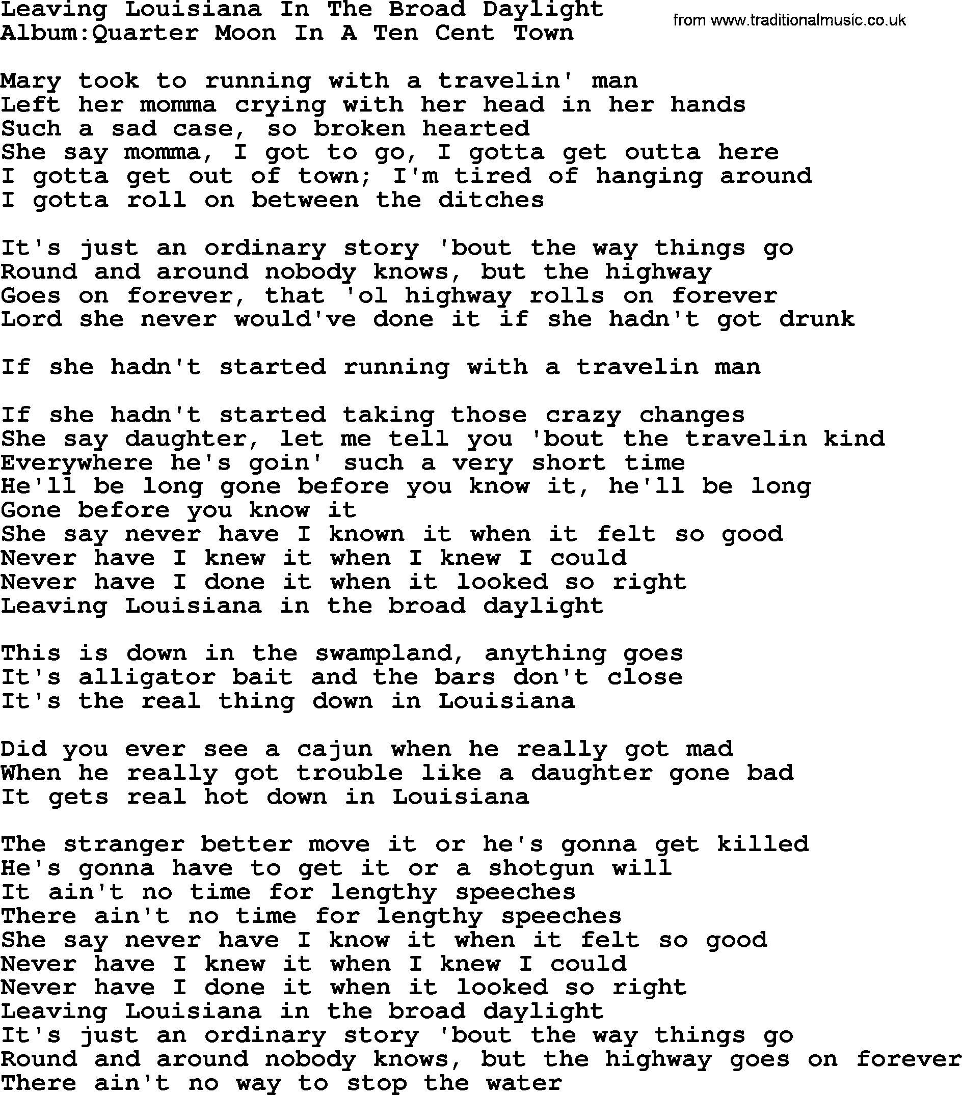Emmylou Harris song: Leaving Louisiana In The Broad Daylight lyrics