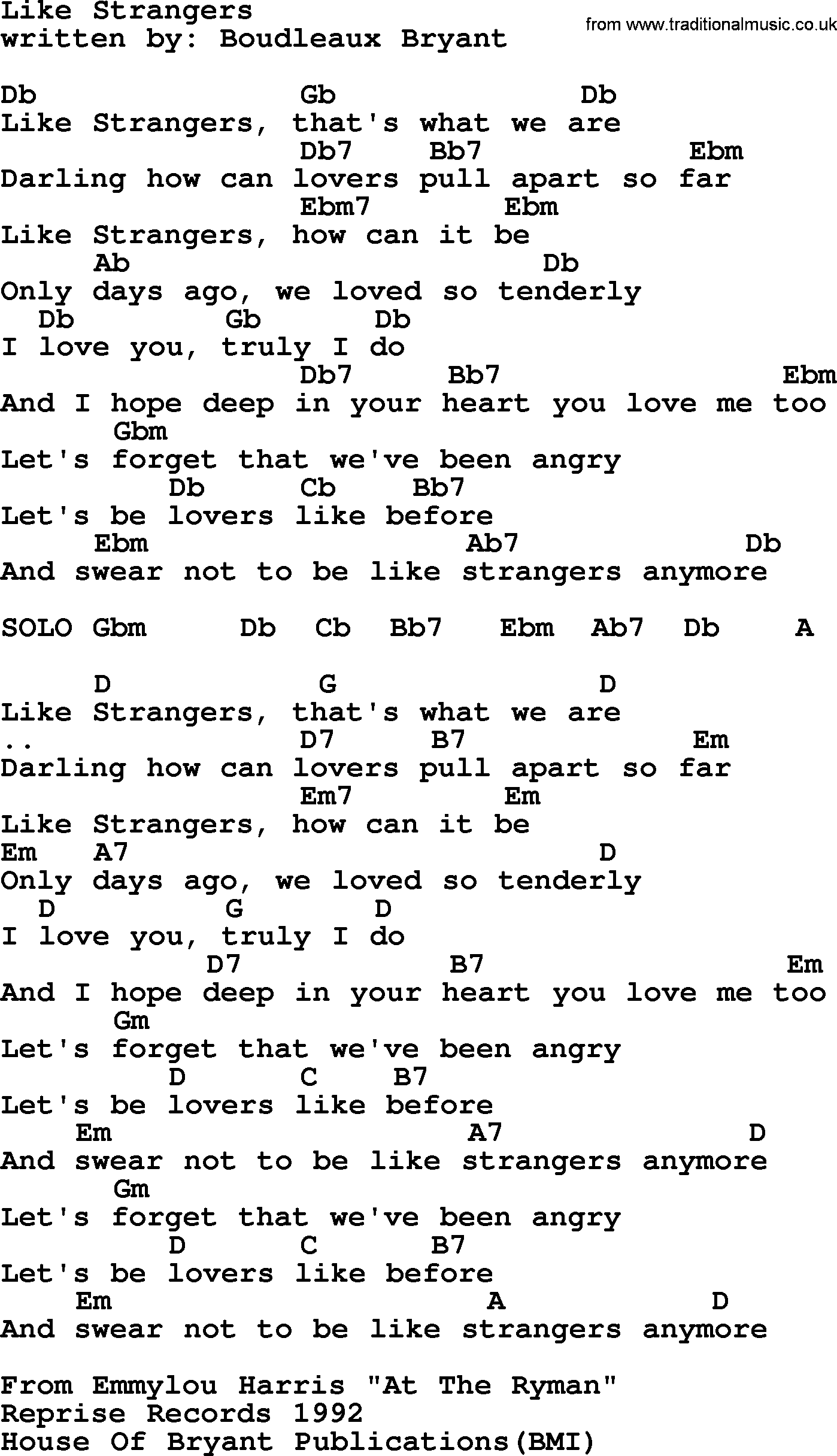 Emmylou Harris song: Like Strangers lyrics and chords