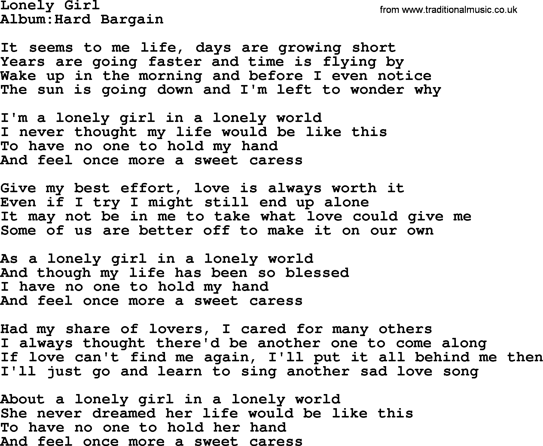 Emmylou Harris song: Lonely Girl lyrics