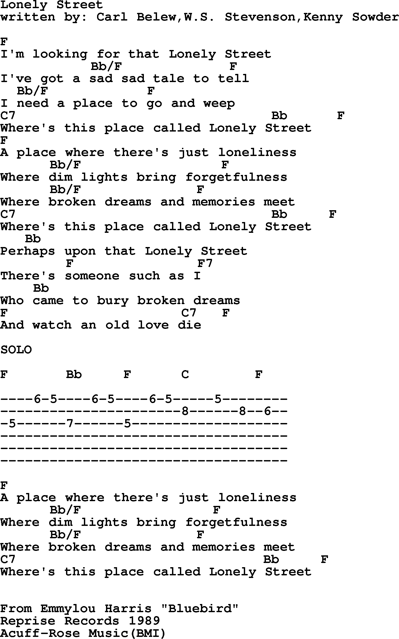 Emmylou Harris song: Lonely Street lyrics and chords