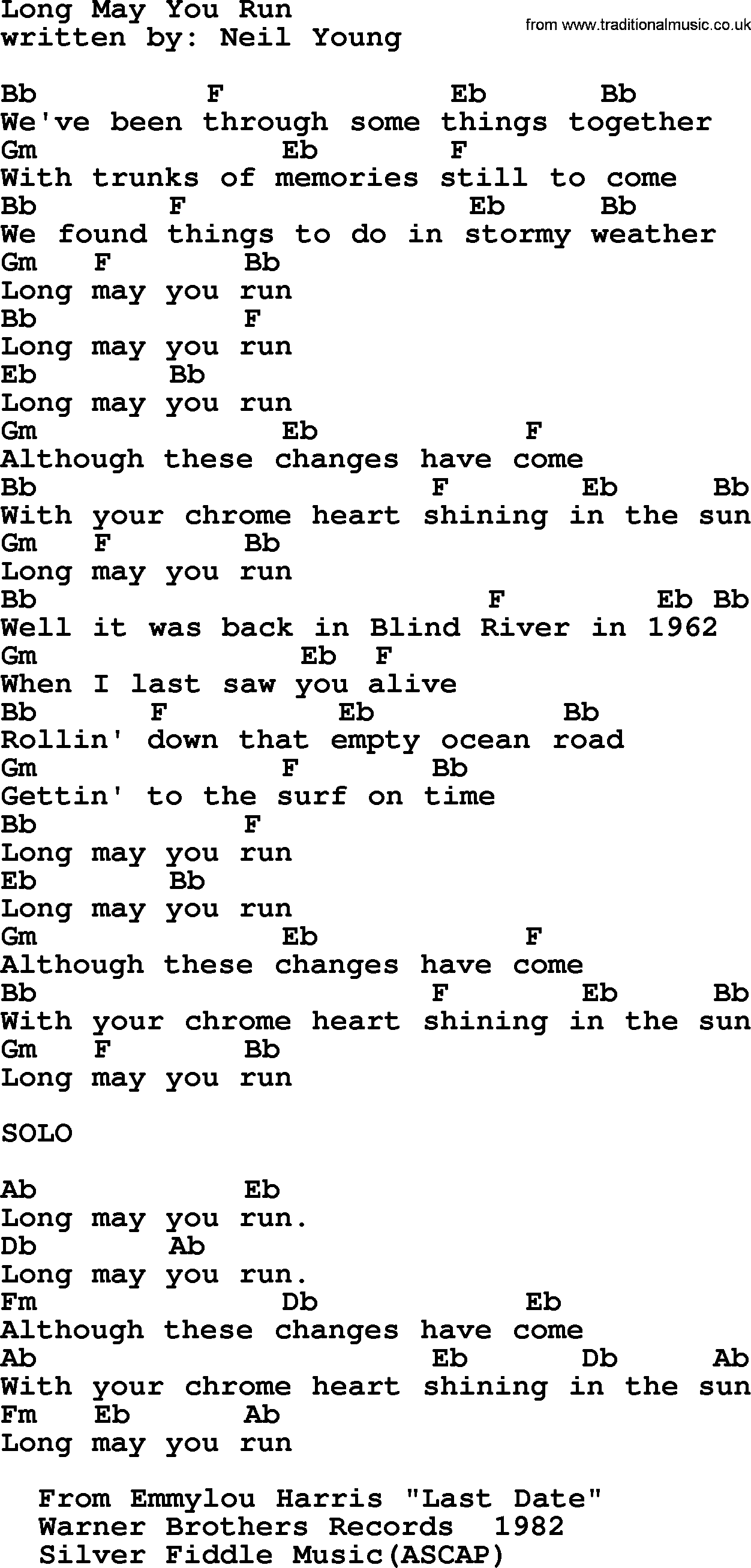 Emmylou Harris song: Long May You Run lyrics and chords