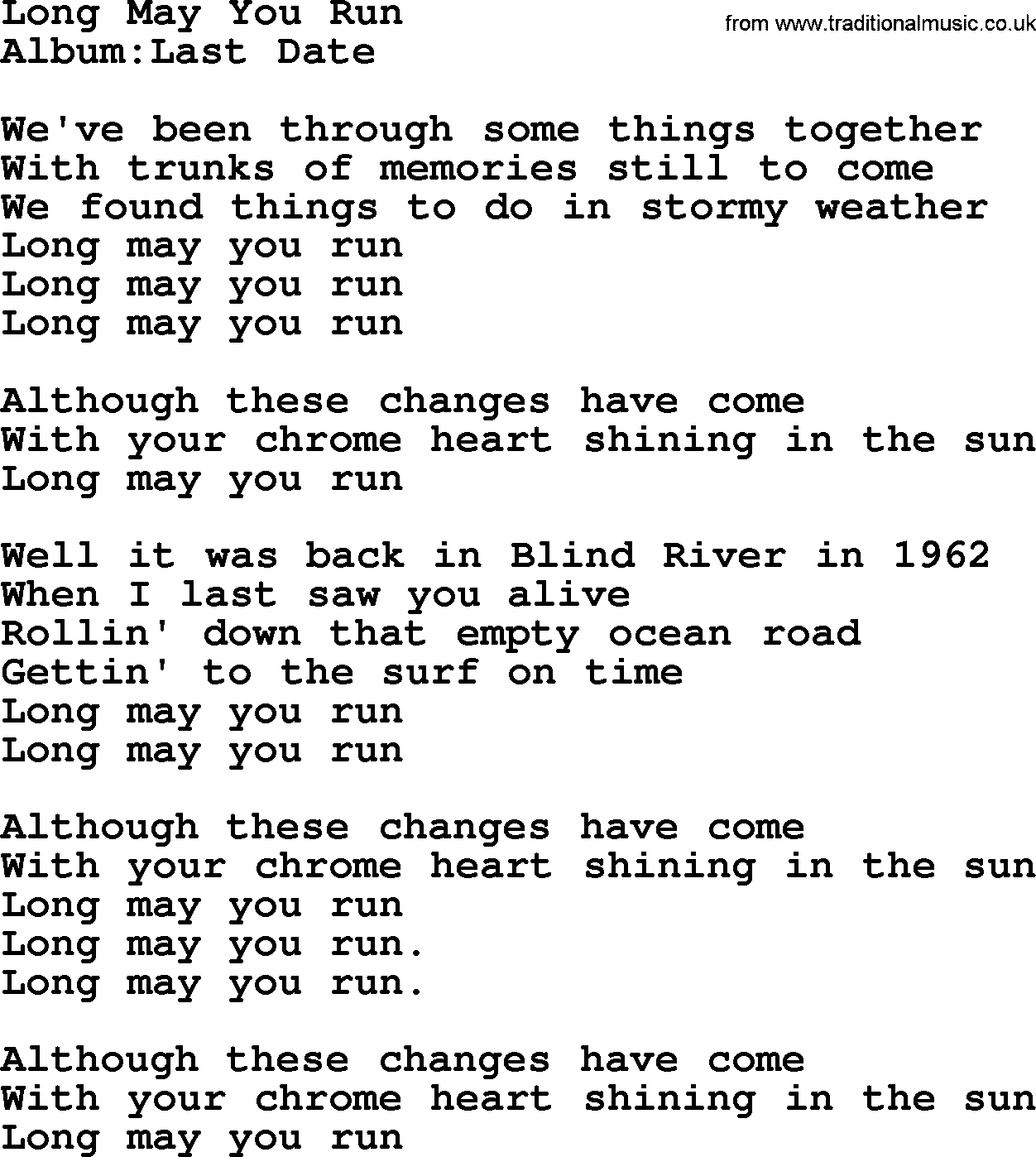 Emmylou Harris song: Long May You Run lyrics
