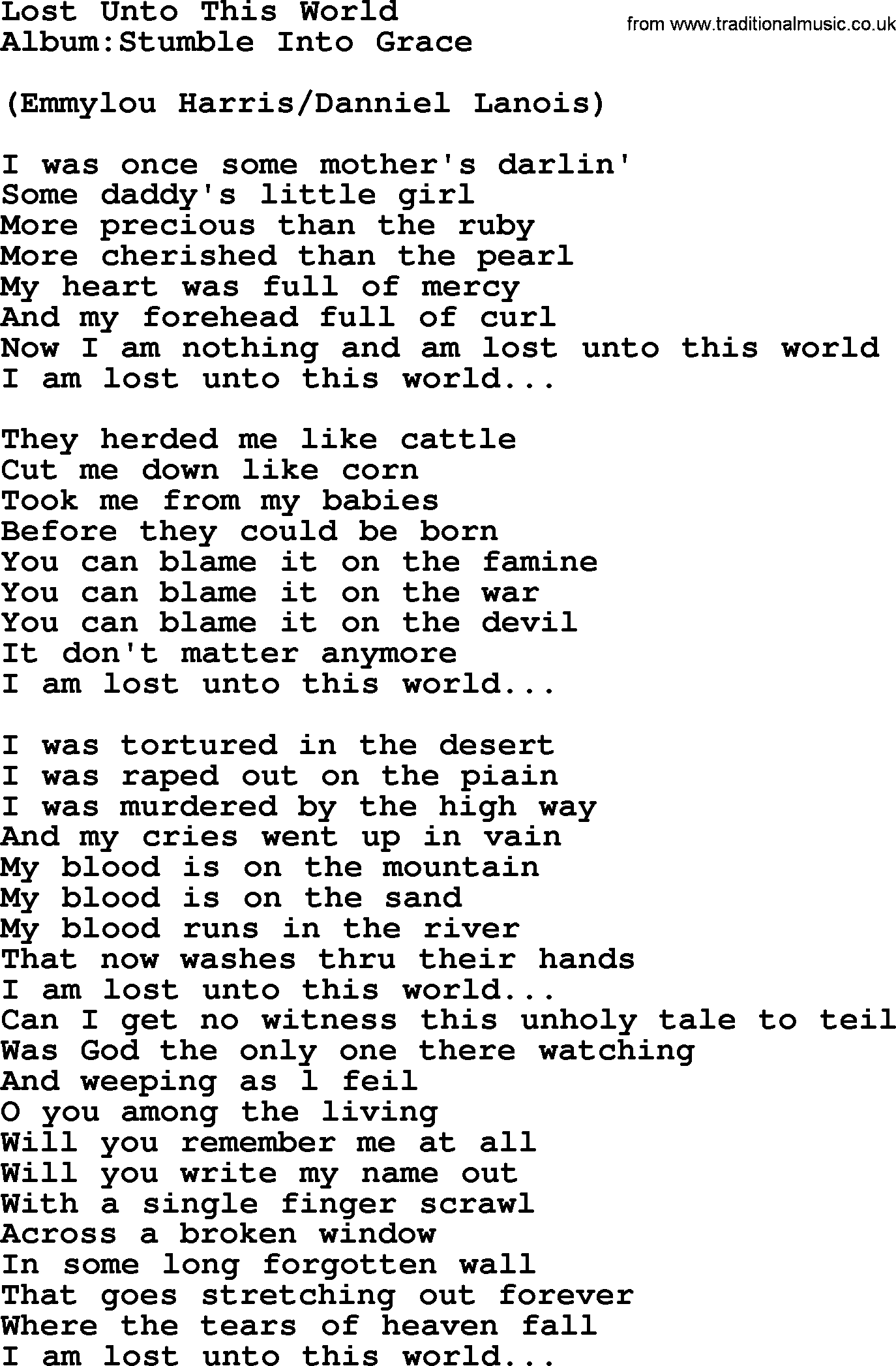 Emmylou Harris song: Lost Unto This World lyrics